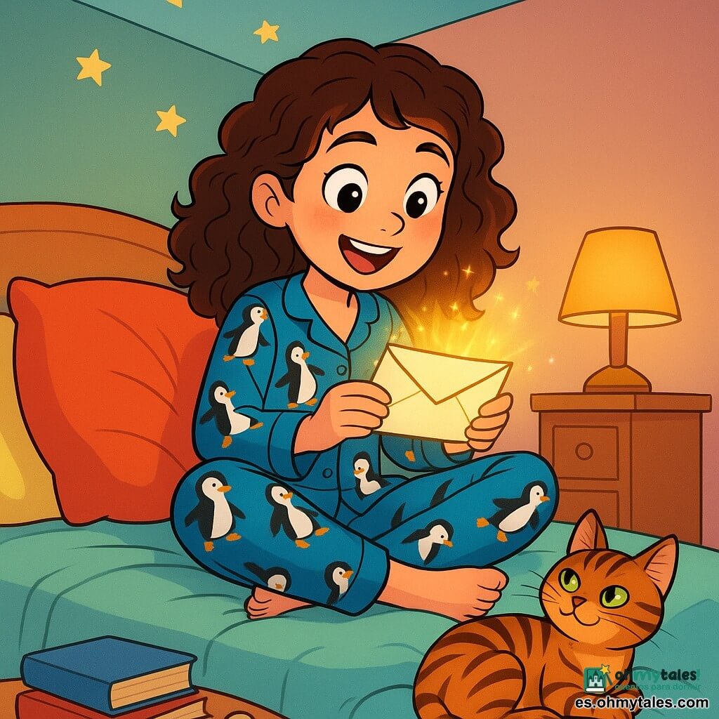Una niña de 12 años, Lucía, con cabello rizado castaño y ojos llenos de curiosidad, está sentada en su cama, rodeada de cojines coloridos. Lleva un pijama azul con pingüinos bailarines y su rostro brilla con una sonrisa maravillada mientras sostiene una pequeña carta mágica en sus manos. A sus pies, su gato Pancho, un gato atigrado de ojos verdes brillantes, se relaja con la cola enroscada alrededor de sus patas, mirándola con un aire travieso, como si supiera un secreto. La escena tiene lugar en una habitación cálida, con paredes pintadas en tonos pastel, estrellas brillantes pegadas al techo y una lámpara de noche que emite una suave luz dorada. Juguetes y libros están esparcidos por el suelo, creando un ambiente lúdico y acogedor. Lucía descubre una carta misteriosa bajo su cojín, lista para vivir una aventura mágica antes de dormir, con el corazón latiendo de emoción y anticipación.