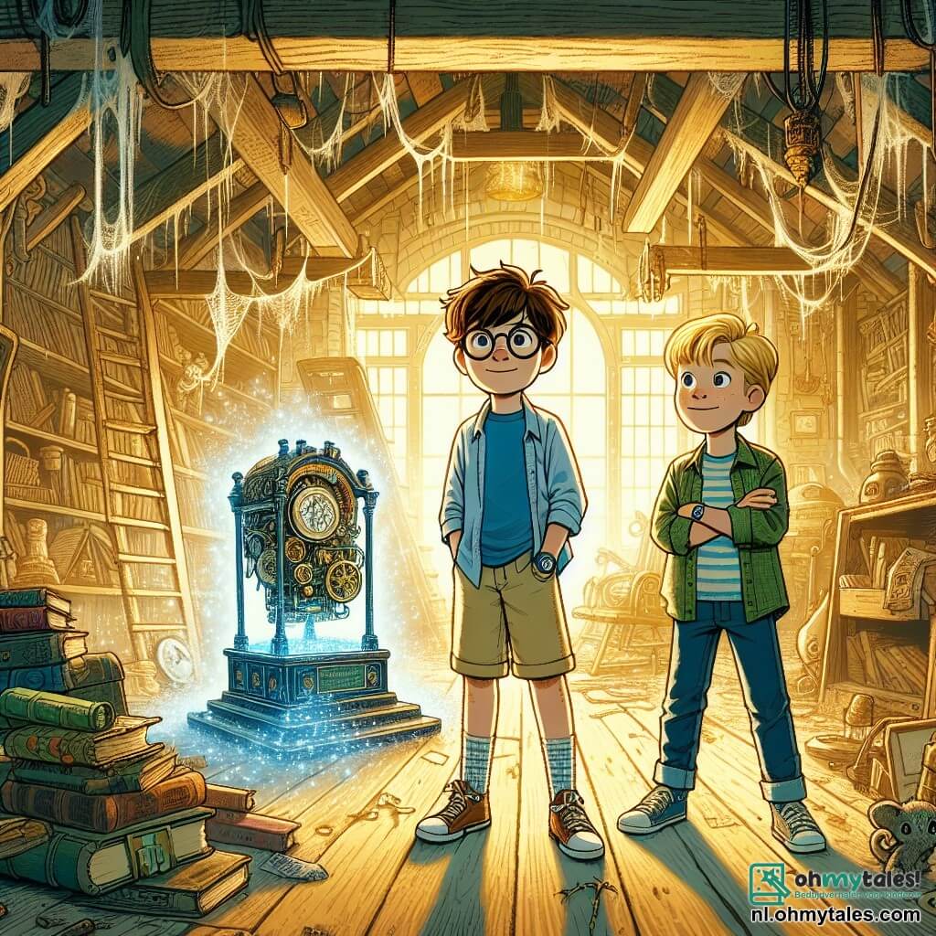 Twee jongens van elf jaar, Max en Tom, staan in het midden van de scène. Max, met rommelig bruin haar en ronde bril, draagt een blauwe t-shirt en beige shorts. Hij kijkt verwonderd naar een grote tijdmachine, omringd door flonkerende lichten. Tom, met blond haar en sprankelende ogen, is gekleed in een groene t-shirt en jeans. Hij staat naast Max, met zijn armen gekruist, en toont een uitdrukking van nieuwsgierigheid en opwinding. De scène speelt zich af op een stoffige zolder, vol oude voorwerpen: antieke boeken, vergeten speelgoed en spinnenwebben die aan de houten balken hangen. Het licht van een vies raam filtert naar binnen, wat een mysterieuze en magische sfeer creëert. De twee vrienden hebben net de tijdmachine ontdekt, bedekt met een witte doek. Max, met een oprechte glimlach, heeft net de doek verwijderd, waardoor een futuristisch apparaat met kleurrijke knoppen en knipperende lichten zichtbaar wordt. De belangrijkste situatie toont hun verwondering over deze ongelooflijke ontdekking, klaar om hen op een avontuur door de tijd te brengen.