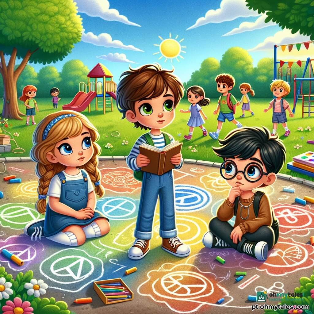 Um menino de 8 anos, chamado João, com cabelos castanhos bagunçados e olhos brilhantes de curiosidade, está no centro da imagem, com uma expressão pensativa e um pouco preocupada, segurando um livro aberto nas mãos. À sua direita, uma menina de 8 anos, Sofia, com cabelos loiros trançados e um sorriso caloroso, observa atentamente João enquanto segura um lápis e um caderno. À esquerda, um menino de 8 anos, Pedro, com óculos redondos e cabelos negros, olha para o livro com interesse, as sobrancelhas franzidas, como se estivesse pensando em uma questão importante. A cena acontece em um pátio escolar ensolarado, cercado por árvores verdes e brinquedos coloridos, com crianças brincando ao fundo. No chão, desenhos com giz colorido mostram palavras como "paz" e "amizade". João, Sofia e Pedro discutem juntos de forma séria, mas amigável, cercados por seus colegas, enquanto pensam em como resolver um conflito entre duas outras crianças que estão discutindo. A atmosfera é dinâmica e cheia de esperança, ilustrando a importância da comunicação e da empatia nas relações.