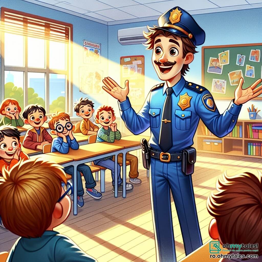 Un polițist pe nume Vlad, zâmbitor și prietenos, poartă o uniformă albastră strălucitoare cu o șapcă lucioasă. Are părul brunet și ochii plini de bucurie, stând în fața unei clase de copii mici, cu brațele deschise, ca și cum ar împărtăși o poveste captivantă. Lângă el, Alex, un băiat de 8 ani cu părul blond și ochelari rotunzi, îl ascultă cu atenție, cu ochii mari de curiozitate. Este așezat pe o bancă, înconjurat de colegii săi, care zâmbesc și ascultă. Scena se desfășoară într-o clasă luminoasă, cu pereți colorați, plini de desene și postere educaționale, iar razele soarelui creează o atmosferă caldă. Vlad povestește despre aventurile sale ca polițist, iar copiii ascultă fascinați, imaginându-se în roluri de eroi.