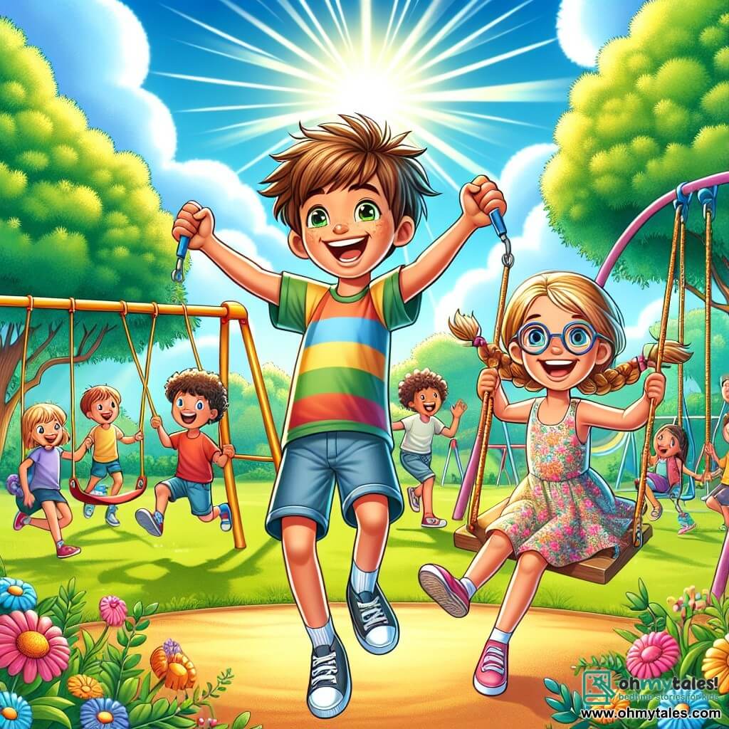 An 11-year-old boy, Max, with messy brown hair and a big smile, stands in the center of the scene with his arms raised in victory. He wears a colorful t-shirt and shorts, and his face shows bright joy and contagious determination. Beside him, Alice, a 10-year-old girl with braided blonde hair and glasses, laughs while swinging, radiating confidence and happiness. She is dressed in a floral dress and appears full of energy. The setting is a vibrant, sunny playground with swings, colorful slides, and children playing around them, creating a joyful and welcoming atmosphere. Lush green trees line the area, and the sky is a bright blue with a few white clouds. The main situation shows Max and Alice, surrounded by their friends, celebrating their victory in a game that demonstrated that boys and girls can work together and have fun, symbolizing gender equality. The children are united, laughing and applauding, illustrating beautiful harmony among all genders.