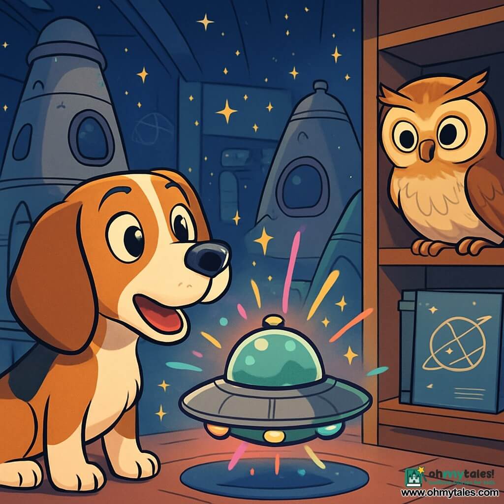 Baxter, a beagle with large floppy ears and a brown coat speckled with white, stands with a look of wonder, his eyes sparkling with curiosity as he discovers a small alien spaceship. Luna, a soft-feathered owl with big round eyes, is perched nearby on a shelf, her attentive and intrigued expression observing the spaceship with fascination. The setting is inside a space museum filled with old spacecraft and star maps, with twinkling lights and walls adorned with bright stars creating a magical atmosphere. The main scene shows Baxter and Luna discovering the alien spaceship together, which emits colorful lights and mysterious sounds, symbolizing an incredible encounter between friends and the unknown.