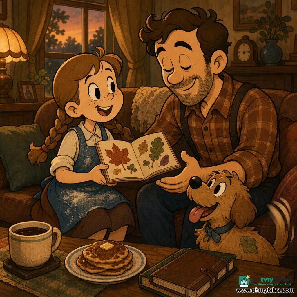 A happy, proud 10-year-old girl with a round freckled face and light brown hair in two braids, wearing a slightly flour-dusted apron, holds a small pressed-leaf book open on her lap as she offers it to her seated father (35–40, tender smile, light stubble, plaid shirt) who opens his eyes surprised and moved and takes the book; a medium light-brown dog named Benny wags his tail by the couch with a ribbon on his collar and a leaf stuck in his fur; cozy dusk living room with golden light through the window, soft cushions, a coffee cup and a plate of pancakes on the table, books and a brown notebook nearby, intimate Father’s Day surprise moment with colorful leaves visible, in a retro cartoon style with rounded lines and fluid movement