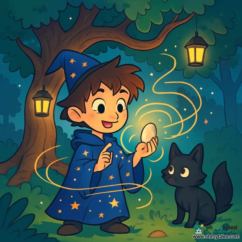 A young wizard, Ari, around 10 years old, with tousled hair and sparkling eyes full of curiosity, stands in the center of an enchanted clearing. He wears a midnight blue wizard robe adorned with twinkling star patterns and holds a small shiny stone in his hand, his face expressing wonder and concentration. Beside him, a mischievous fox named Soot, with black fur and bright eyes, watches attentively, ready to pounce. In the background, a majestic old oak tree, with twisted leafy branches, towers above them, while floating lanterns illuminate the scene with a soft golden light. The main focus shows Ari murmuring an incantation, surrounded by sparkling magical threads dancing in the air, creating an atmosphere of mystery and wonder.
