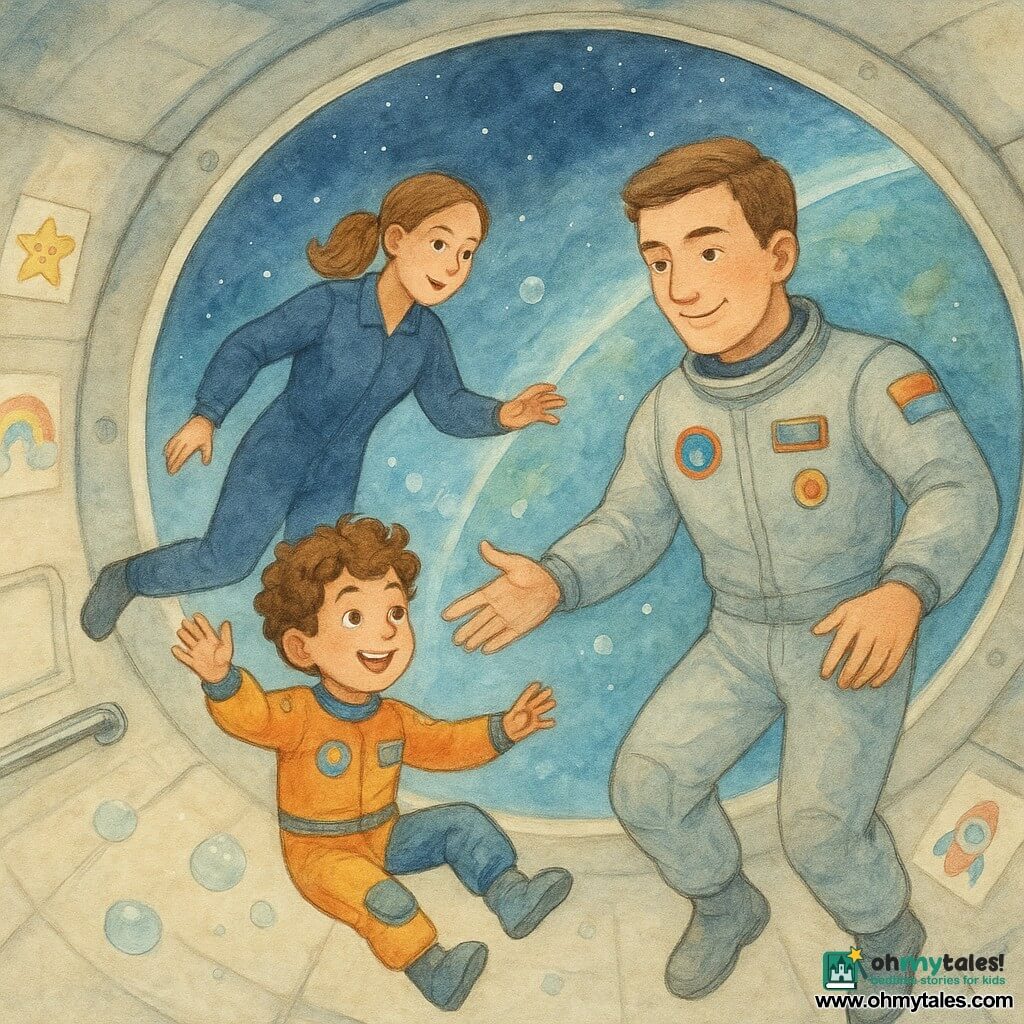 A smiling, focused pilot named Leo with a square face and short brown hair in a light gray spacesuit with colorful patches floats in gentle microgravity, making a small hand gesture to show a soft thrust; to his left and slightly forward an about-8-year-old boy with wide eyes and curly hair in a colorful leisure space outfit slowly spins smiling after a small somersault; behind them an instructor in her 30s with a ponytail in a practical navy outfit reaches out encouragement; the setting is a large round chamber with cream and gray padded walls, shiny metal handles and bars, a transparent ceiling revealing stars and the blue curve of Earth and cheerful posters on the walls; the scene is warm and calm, with controlled, gentle movements, muffled laughter, simulated air bubbles, and soft, watercolor-like lighting.