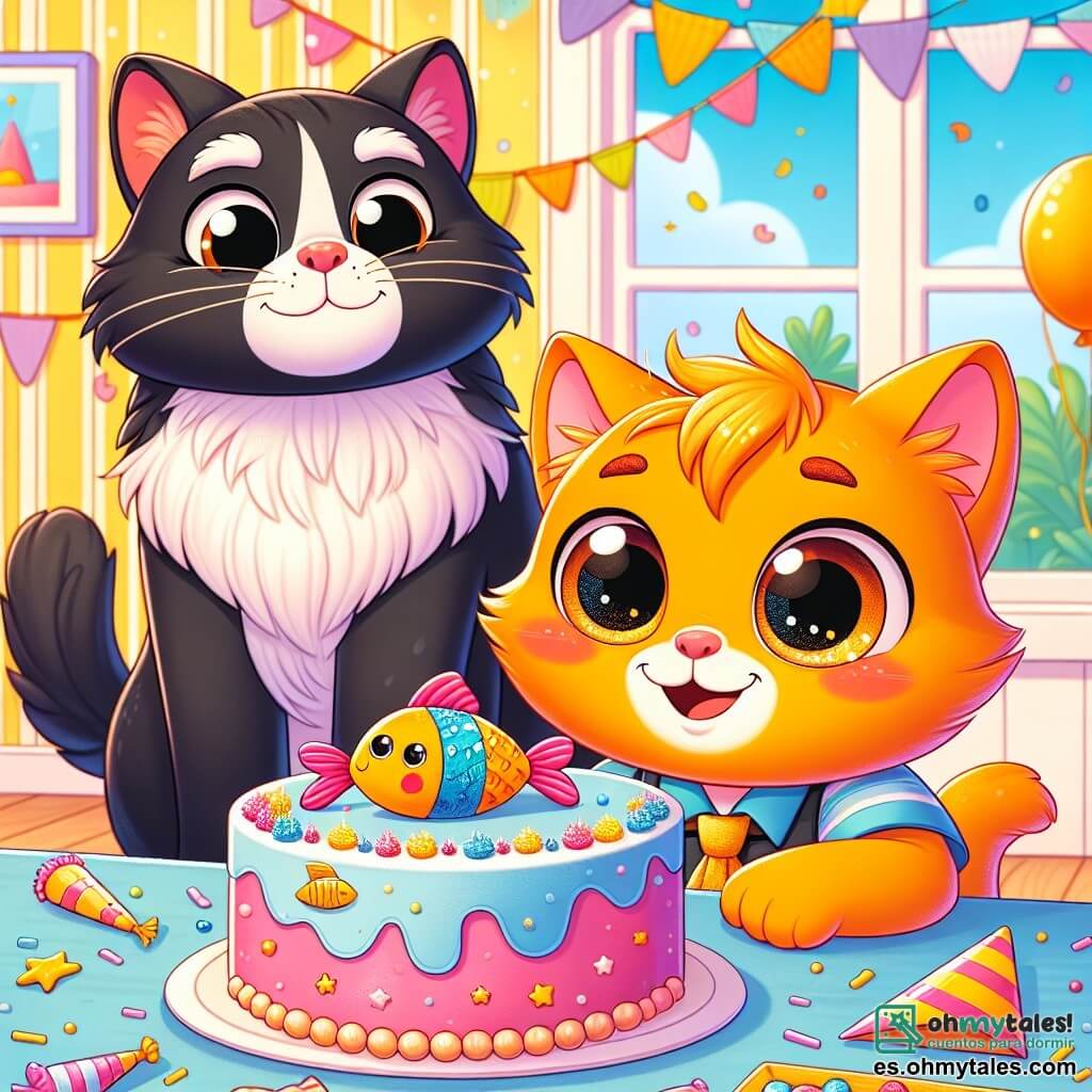Un pequeño gato naranja brillante, llamado Leo, con grandes ojos brillantes y una sonrisa radiante, sostiene un pastel de pescado decorado con pequeñas estrellas de azúcar, su rostro iluminado de emoción y orgullo. A su lado, su papá, un gran gato negro llamado Max, con un pelaje brillante y ojos suaves, mira a Leo con una sonrisa emocionada, sus patas en las caderas, mostrando una expresión de alegría y admiración. La escena tiene lugar en un apartamento cálido, con paredes pintadas de amarillo pastel, ventanas abiertas dejando entrar la luz del sol, y globos de colores flotando en el aire. En la mesa, confeti y decoraciones de fiesta añaden un toque festivo al ambiente. Leo, con una mirada decidida, está presentando su pastel a su papá, listo para celebrar el Día del Padre, rodeado de una atmósfera alegre y llena de amor.