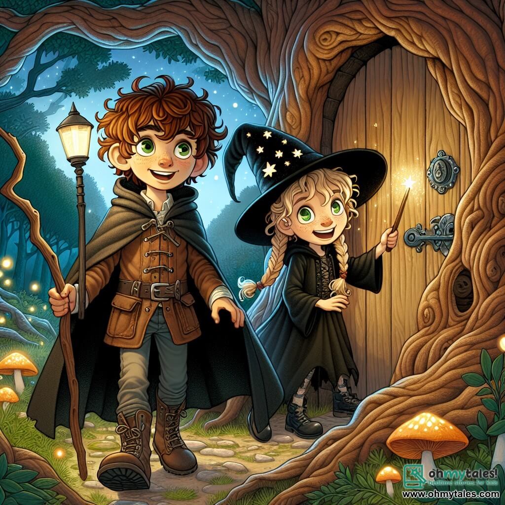 An 11-year-old boy named Oliver, with curly brown hair and sparkling green eyes full of excitement, stands in front of a carved wooden door in an ancient tree, his face showing both curiosity and nervousness. He wears an old wizard costume, complete with a long black cape and a pointed hat, holding a small lantern to light his way. Next to him is Emma, an 11-year-old girl with braided blonde hair and mischievous bright eyes, dressed as a witch with a black hat adorned with stars and a magic wand in hand. She smiles enthusiastically, ready to step into the unknown. The setting is an enchanted forest, featuring majestic trees with gnarled trunks and leaves shimmering in the moonlight. Fireflies dance around them, adding a touch of magic to the nighttime atmosphere, while glowing mushrooms illuminate the ground. The main scene shows Oliver and Emma standing before the mysterious door, hesitating to enter the magical world that awaits them, surrounded by the mystical aura of the forest, ready for an unforgettable adventure.
