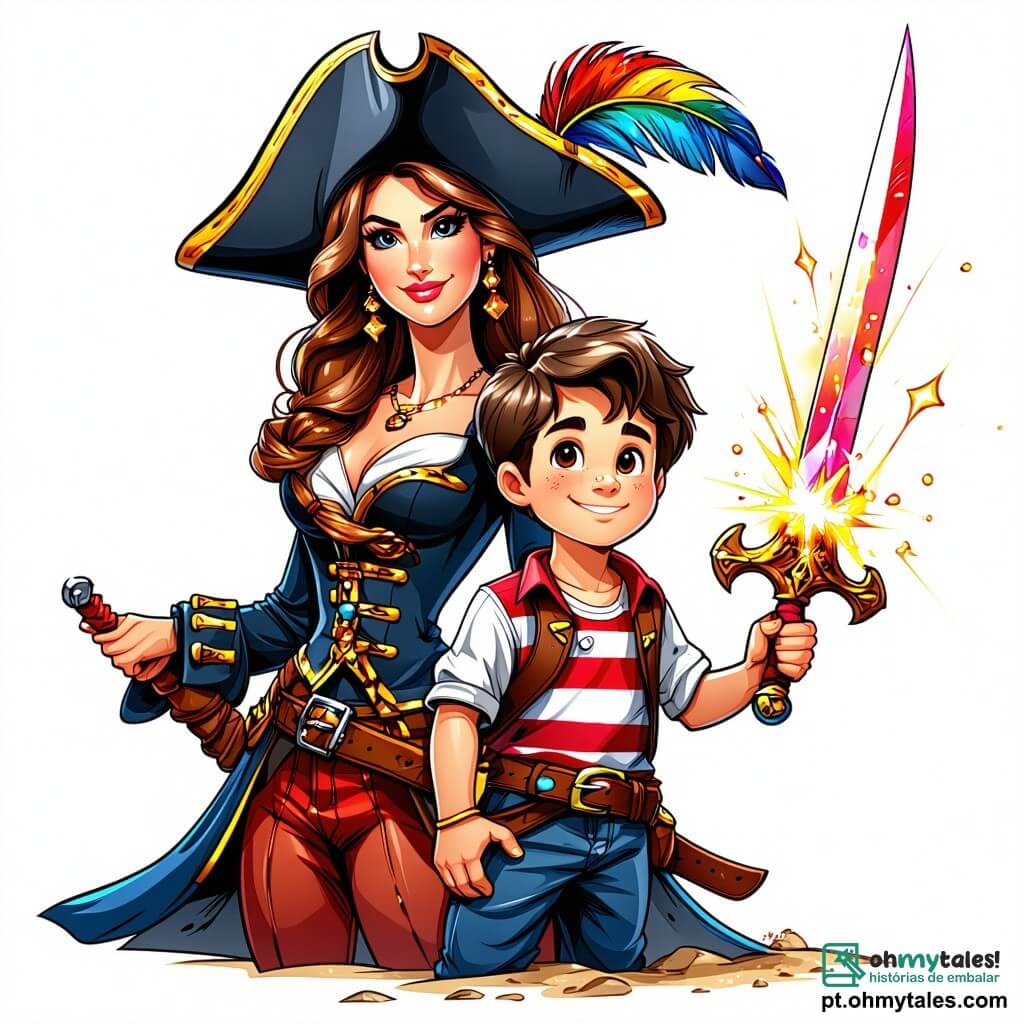 A cena representa a Capitã Valentina, uma mulher pirata corajosa de cerca de trinta anos, com cabelos longos e ondulados, usando um chapéu de pirata adornado com uma pena colorida. Ela tem um olhar determinado e orgulhoso, brandindo uma espada cintilante, pronta para enfrentar seu inimigo. Ao seu lado está Rato, um garoto de cerca de 12 anos, com cabelos curtos e desgrenhados, vestido com uma camisa listrada e calças de lona. Ele segura uma bússola velha, olhando com curiosidade e empolgação. Pingo, um menino de 10 anos, faz caretas para distrair os piratas inimigos, com um grande sorriso no rosto e um bandana vermelha na cabeça. A cena ocorre no convés de um navio pirata, o Maravilha, que balança levemente sob as ondas. O céu é azul com algumas nuvens brancas, e o sol brilha, iluminando a bandeira negra que flutua ao vento. Ao fundo, vê-se outro navio, o barco de Barba Branca, com piratas se preparando para a batalha. Valentina, Rato e Pingo estão firmemente no convés, prontos para defender seu navio contra os piratas de Barba Branca, com uma atmosfera de tensão e excitação no ar.