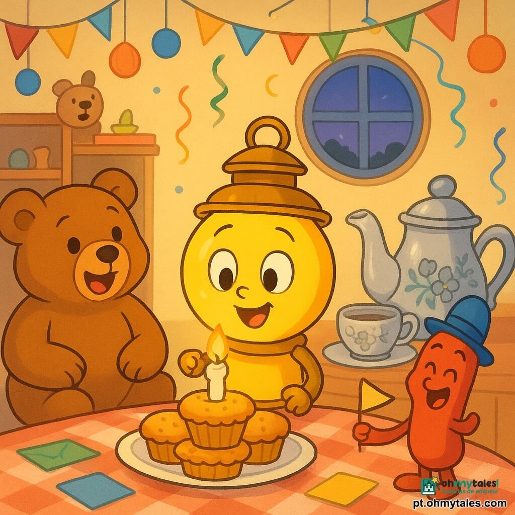 Uma pequena lanterna antropomórfica redonda e brilhante, corpo metálico amarelo suave e vidro translúcido, sorriso largo e olhos luminosos, confiante e timidamente feliz, está sobre a mesa soprando uma vela em um prato de cupcakes; à esquerda, um grande urso de pelúcia marrom claro sentado, pelagem macia e olhos costurados, canta alegremente com as patas no colo; à direita, um sapato vermelho engraçado com um pequeno chapéu azul inclina-se rindo e segura uma bandeira de papel; atrás da lanterna, uma pequena chaleira prateada com motivos florais sopra vapor em forma de coração junto a uma xícara; cena numa quarto acolhedor de paredes pastel, janela redonda com crepúsculo, guirlandas e decorações coloridas, mesa com toalha xadrez e cartas espalhadas; situação: festa de aniversário íntima e tranquila, amigos aplaudem enquanto a lanterna sopra a vela, ambiente caloroso com cores vivas e luz suave.