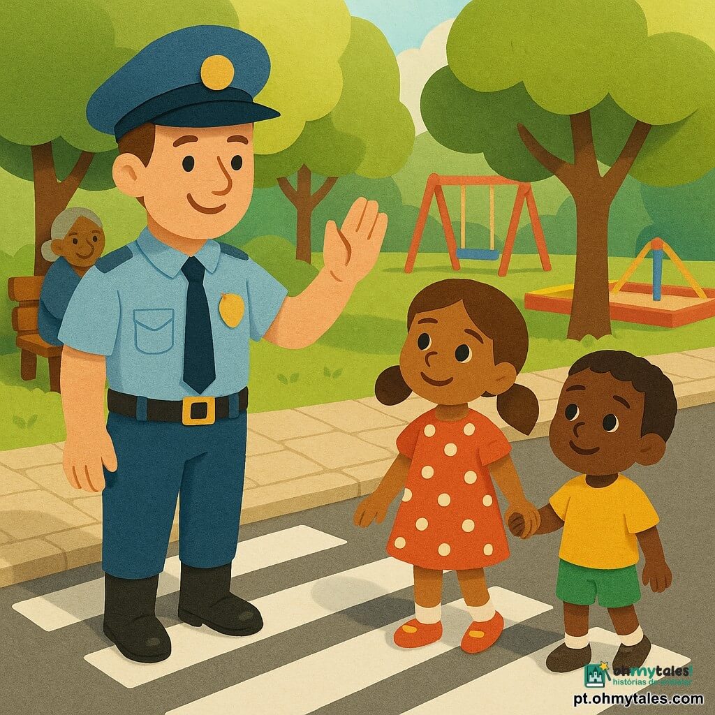 Um policial sorridente e afável de cerca de 35 anos, pele clara, cabelos castanhos curtos, fardado em azul claro com grande boné redondo azul, cinto preto e botas engraxadas, está junto a uma passagem de peões com a mão erguida suavemente para fazer atravessar; uma menina de 6 anos de vestido vermelho com bolinhas brancas e dois rabos de cavalo segura a mão de um menino de 4 anos com camiseta amarela e calção verde, ambos olhando o policial e esperando na calçada à sua direita; ao fundo, uma senhora de 72 anos com cabelo grisalho apanhado em coque, xale azul, sentada num banco à esquerda, sorri observando a cena; rua limpa e luminosa, calçada de pedra bege, faixa de pedestres muito branca e visível, árvores arredondadas com folhagem verde viva, pequena área de jogos com caixa de areia e baloiços atrás do banco; situação principal: o policial guia calmamente as duas crianças para atravessar a rua em segurança, carro parado ao longe, sol matinal suave, atmosfera reconfortante e acolhedora, cores vivas e formas simples recortadas como papel.