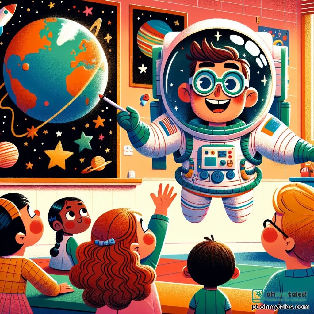 Um astronauta sorridente, com um capacete brilhante e um traje espacial branco, flutua alegremente em uma sala de aula. Seus olhos brilham de empolgação enquanto mostra uma imagem da Terra para as crianças. Uma menina de 6 anos, com cabelos cacheados e castanhos, levanta a mão com admiração, seus olhos arregalados de curiosidade. Um menino de 7 anos, com óculos e cabelos loiros, ouve atentamente, com um grande sorriso no rosto. A cena acontece em uma sala de aula colorida, com pôsteres de planetas nas paredes e desenhos de estrelas no quadro. O astronauta conta suas aventuras no espaço, enquanto as crianças o ouvem fascinadas, imaginando as estrelas e a Terra vista de longe.