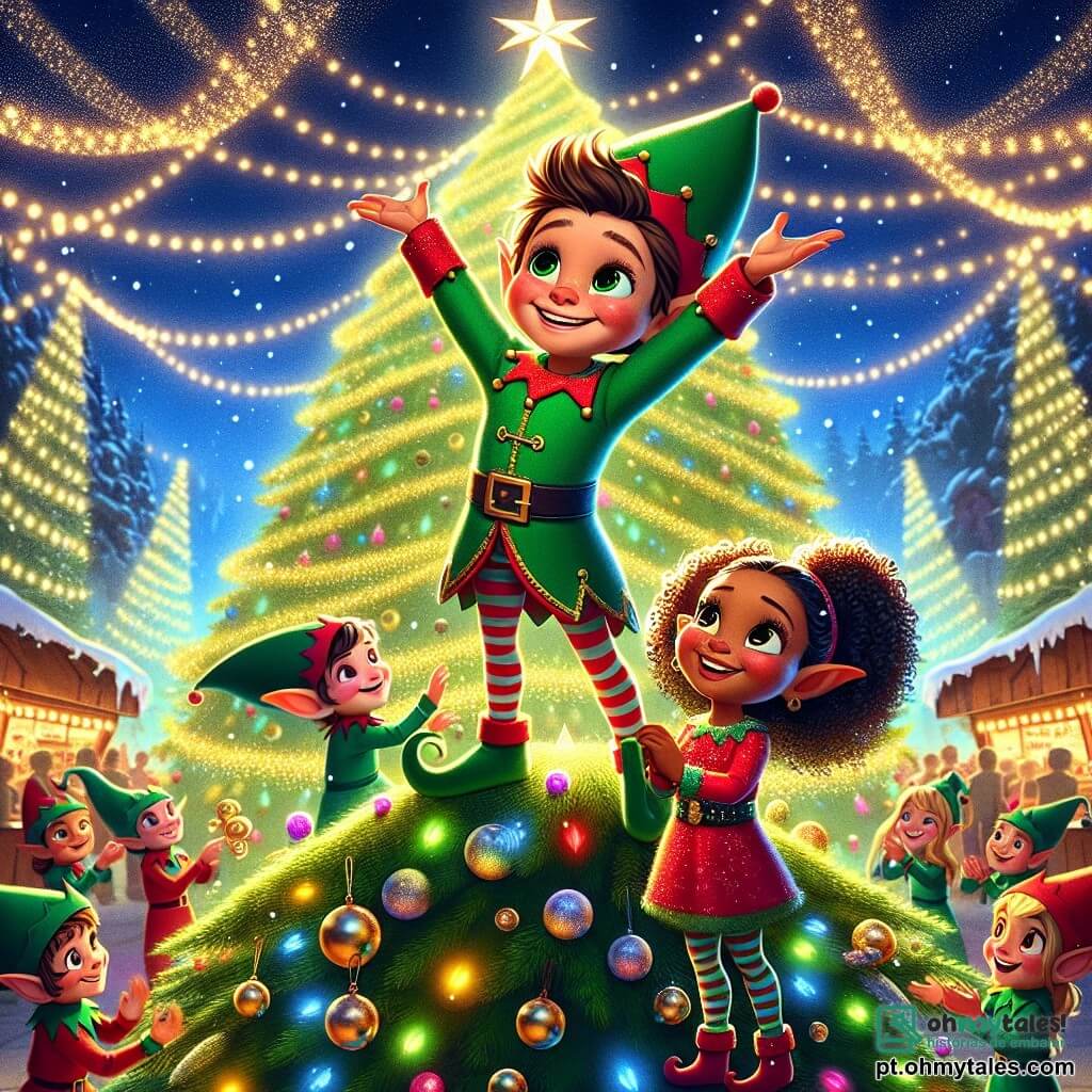 Tico Tico, um pequeno duende com grandes orelhas pontudas e um sorriso radiante, está no topo de uma imensa árvore de Natal, com os braços levantados em sinal de vitória, seus olhos brilhando de alegria. Ele veste um traje verde vivo decorado com sinos que tilintam a cada movimento. Ao seu lado, Lili, outra duende com cabelos cacheados e um vestido vermelho cintilante, aplaude com os braços levantados, seu rosto radiante de orgulho e excitação. Ela está cercada por vários outros duendes sorridentes que decoram a base da árvore com guirlandas coloridas e bolas brilhantes. O local é um mercado de Natal encantado, iluminado por milhares de luzes cintilantes, com barracas de madeira decoradas com doces e brinquedos, e flocos de neve caindo suavemente do céu estrelado, criando uma atmosfera mágica e acolhedora. A cena principal mostra Tico Tico triunfante no topo da árvore, tendo conseguido colocar a estrela brilhante, enquanto seus amigos o incentivam e celebram juntos a magia do Natal, cheios de alegria e amizade.