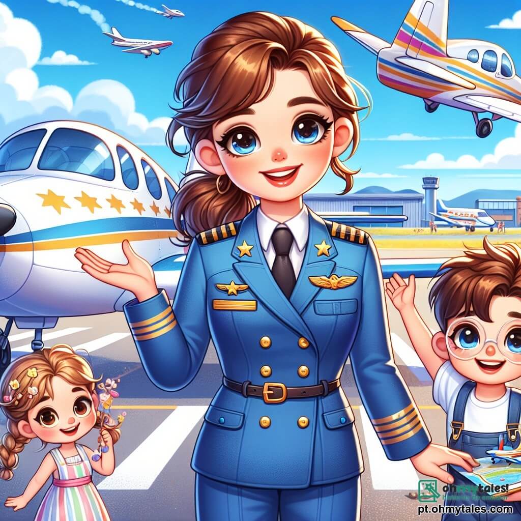 Clara, uma piloto sorridente, está de pé ao lado de seu avião colorido, vestindo um macacão azul com estrelas douradas. Seus cabelos castanhos estão presos em um rabo de cavalo, e seus olhos brilham de excitação. Ela segura um mapa aéreo em uma mão e faz um gesto amigável com a outra, como se estivesse recebendo as crianças. Lucas, um garoto de 8 anos com cabelos castanhos e óculos redondos, está ao lado dela, com os olhos arregalados de fascínio, segurando um pequeno modelo de avião de plástico. Ana, uma menina de 7 anos com tranças loiras, está logo atrás de Lucas, levantando os braços com um grande sorriso, como se sonhasse em voar. A cena acontece no pátio de um aeroporto ensolarado, com um céu azul brilhante e algumas nuvens brancas. Ao fundo, vê-se outros aviões estacionados e crianças brincando alegremente. Clara compartilha seu amor pelo voo com as crianças, contando histórias de aventuras nos ares, enquanto elas escutam atentamente, maravilhadas com seus relatos.