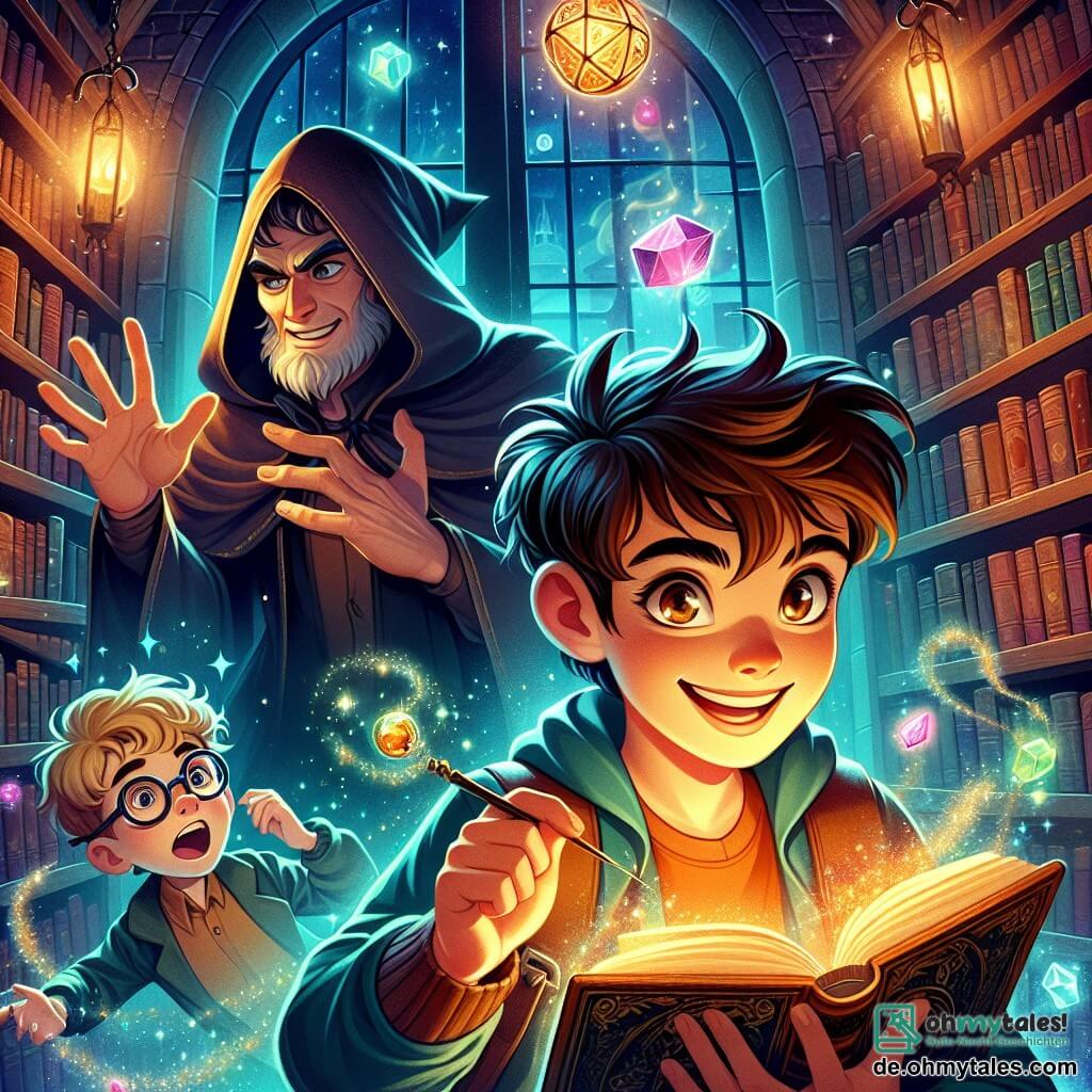 Ein 10-jähriger Junge mit zerzausten kastanienbraunen Haaren und neugierigen, glänzenden Augen steht im Mittelpunkt des Bildes und hält ein funkelndes Amulett in der Hand. Sein Gesicht zeigt eine fröhliche Entschlossenheit, mit einem breiten Lächeln, das seine Begeisterung für das Abenteuer verrät. Neben ihm schaut ein 10-jähriger Junge mit runden Brillen und blonden Haaren bewundernd mit weit aufgerissenen Augen auf ein altes Buch, das in der Luft schwebt. Der Hintergrund ist eine alte Bibliothek mit dunklen Holzregalen, die mit bunten Buchcovern gefüllt sind. Magische Lichter tanzen um sie herum und beleuchten die Seiten der Bücher, die sich von selbst öffnen und schließen. Die Hauptsituation zeigt den entschlossenen Jungen gegenüber einem geheimnisvollen Professor, dessen Gesicht unter einer Kapuze verborgen ist und der vor einem großen schwebenden Buch Zaubersprüche murmelt. Funkelnde magische Partikel wirbeln um sie herum und schaffen eine sowohl faszinierende als auch märchenhafte Atmosphäre.