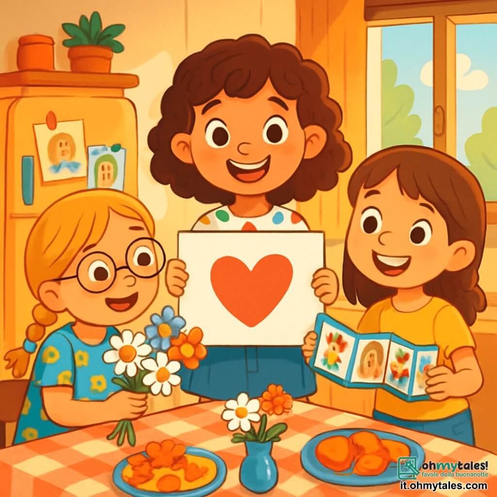 Ci sono 3 personaggi: - Mia: una ragazza di 8 anni, con capelli ricci castani e occhi scintillanti. Indossa una maglietta a pois colorati e una gonna di denim, ed è in piedi al centro, tenendo un grande cartone bianco con scritto "Grazie, mamma". - Sara: una ragazza di 8 anni, con capelli biondi intrecciati e occhiali tondi. Indossa un vestito a fiori e si inclina leggermente in avanti, tenendo un mazzo di margherite colorate. Si trova a sinistra di Mia. - Giulia: una ragazza di 8 anni, con capelli castani lisci e una piccola treccia. Indossa una maglietta gialla e un pantaloncino di jeans. È a destra di Mia, mentre tiene un piccolo album fotografico a fisarmonica, con un grande sorriso sul volto. La scena si svolge in una cucina accogliente, illuminata da una luce dorata. Il tavolo è coperto da una bella tovaglia a quadretti rossi, decorato con piccoli mazzi di fiori e piatti colorati con frutta tagliata a forma di cuore. Sullo sfondo si vede un frigorifero decorato con disegni di bambini e una finestra aperta che lascia entrare un dolce raggio di sole. La situazione principale mostra le tre amiche mentre celebrano la festa della mamma, circondate da decorazioni colorate. Sorridono gioiosamente, pronte a rivelare la loro sorpresa alle mamme, con risate e gioia nell'aria.