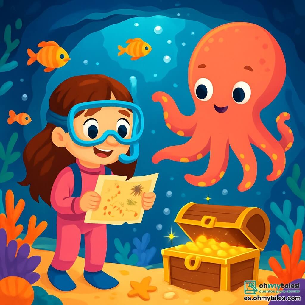 Una niña de 6 años, llamada Lucía, con largos cabellos castaños y ojos llenos de curiosidad, lleva un traje de buceo rosa y una máscara de snorkel. Sonríe con asombro, sosteniendo un mapa del tesoro en sus pequeñas manos. A su lado, un gran pulpo de tentáculos coloridos, con una cara amigable y ojos redondos, flota en el agua, mostrándole el camino con uno de sus brazos. El escenario es una cueva submarina mágica, llena de corales vibrantes, peces multicolores nadando a su alrededor y luces centelleantes que iluminan el agua. La situación principal muestra a Lucía y al pulpo descubriendo un cofre del tesoro brillante, rodeado de arena dorada y conchas brillantes, mientras burbujas de aire escapan a su alrededor, creando un ambiente de aventura y alegría.