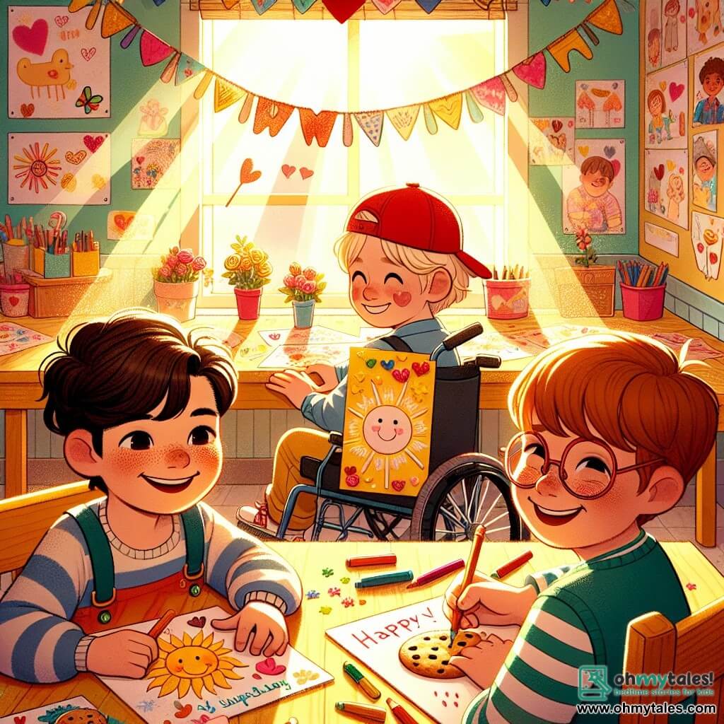 In a bright and colorful classroom, three boys are gathered around a large wooden table. On the left, Tom, a 10-year-old with messy brown hair and a big smile, holds a card decorated with drawings of suns and flowers. In the center, Max, another 10-year-old wearing a red cap and with blonde hair, is drawing cookies on his card with sparkling eyes of excitement. On the right, Sam, a 9-year-old with brown hair and glasses, is sitting in his wheelchair, holding a shiny card adorned with glitter and heart drawings, smiling widely. The classroom is decorated with colorful garlands and children's drawings hanging on the walls, with sunlight filtering through the windows, filling the room with a soft golden light. The boys are preparing cards for Mother's Day, sharing laughter and fun ideas about what to write for their moms, filled with love and creativity.