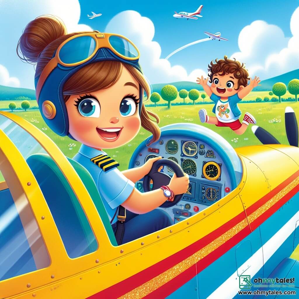 A young pilot, Mia, is sitting in the cockpit of her bright yellow airplane with sparkling red stripes. She has long brown hair tied in a bun and wears a blue pilot uniform, her face radiant with joy and excitement as she looks through the windshield. Outside, a small boy named Timmy, about 7 years old with curly hair and sparkling eyes, jumps for joy on the ground, waving his arms to cheer Mia on. He is wearing a colorful t-shirt and shorts. The scene takes place on a sunny runway, surrounded by green fields and a few white clouds in a bright blue sky. In the distance, trees resemble little broccolis. Mia, ready for takeoff, revs the engines of her plane while Timmy, full of enthusiasm, encourages her with a big smile, creating an atmosphere of dreams and adventure in the sky.