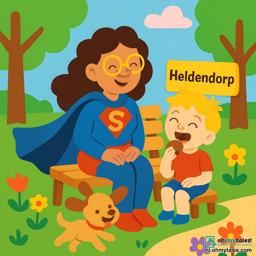 Super Sofie, een glimlachende vrouw met een lange blauwe cape, krullend haar en een glanzend paar gele brillen, zit op een bank in het park van Heldendorp, met sprankelende ogen van vreugde. Naast haar zit een 6-jarig jongetje, Max, met rommelig blond haar en een rode t-shirt, die een koekje eet en lacht. Een klein hondje met grote oren, Biscuit, speelt aan hun voeten, met zijn staart die van opwinding kwispelt. Het park is vol kleurrijke bloemen, grote bomen met bruine stammen en roze wolken die in een stralende blauwe lucht drijven. Super Sofie, blij om te ontspannen, kijkt naar de kinderen die om haar heen spelen en geniet van dit moment van rust en geluk.