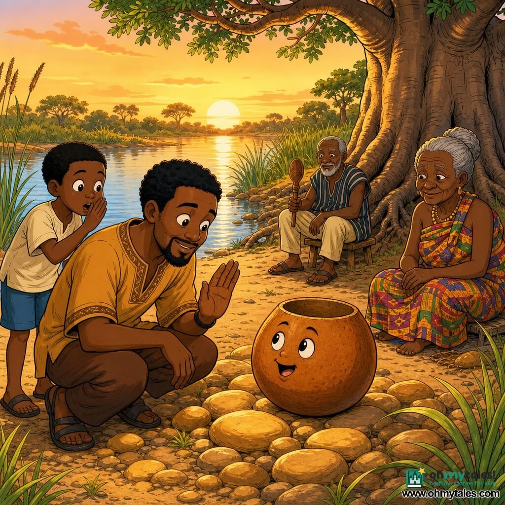 Kofi is a smiling man in his thirties with a broad face, warm brown skin and gentle eyes; he is calm and awed, crouching by a gourd placed on golden stones with his right hand raised in respect. A boy of about eight with short black hair and brown skin stands behind Kofi to the left, leaning toward the gourd and whispering with wide eyes. Mama Adwoa, about eighty, with deep wrinkles and gray hair in a bun, wearing a colorful wrapper, sits under a distant baobab to the right with a kindly look and a slight smile. Elder Mensah, about seventy with a short gray beard, holds a small carved wooden spoon and sits on a low stool near the path, apart but watching. The setting is a river bend at sunrise: round, shiny golden stones, calm water reflecting an orange sky, tall grasses, some reeds and a large baobab with exposed roots. The scene shows a sacred, silent moment before the talking gourd on the golden stones; Kofi and the boy greet the gourd in a gentle, respectful atmosphere with warm morning light, clear style, crisp lines, bright colors and simple shapes suitable for children.