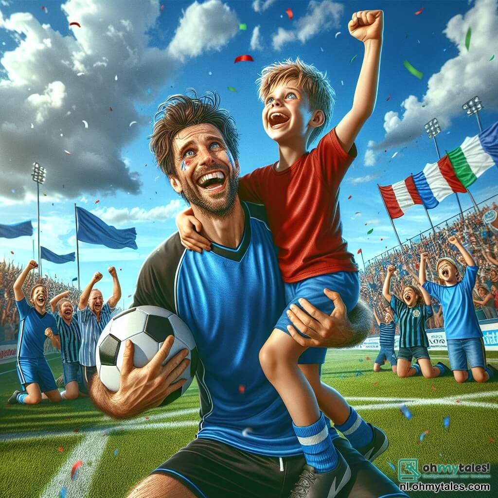 Een blije en lachende man draagt een blauwe voetbalshirt en een zwarte short. Hij viert een overwinning op het veld, met zijn armen in de lucht en een grote glimlach, zijn bruine haar in de war. Naast hem springt een jongen van ongeveer 8 jaar met blond haar en een bril van blijdschap, gekleed in een rode t-shirt en een blauwe short. Hij houdt een voetbal onder zijn arm en kijkt zijn vader bewonderend aan. De achtergrond is een groen voetbalveld, omringd door enthousiaste toeschouwers op de tribunes, met vlaggen die in de wind wapperen en een blauwe lucht met witte wolken. De hoofdscene toont de vader en zoon die samen de overwinning van hun team vieren, omringd door een feestelijke sfeer, met confetti die uit de lucht valt en vrienden die zich bij hen voegen om dit blije moment te delen.