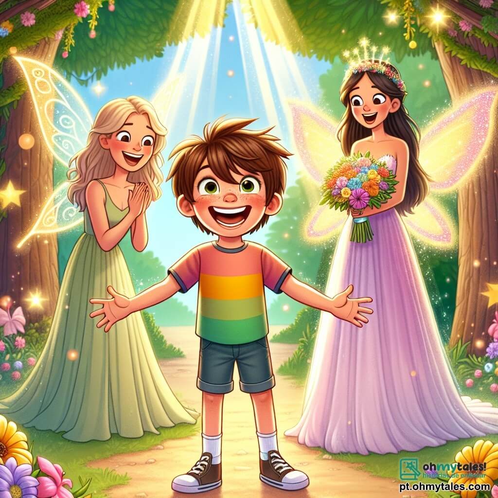 Um menino de 10 anos, Lucas, com cabelos castanhos bagunçados e um grande sorriso, está no centro de uma clareira encantada, de braços abertos, irradiando excitação e alegria. Ele usa uma camiseta colorida e um short, e seu olhar brilhante revela sua felicidade por ter preparado uma surpresa para sua mãe. Ao lado dele, sua mãe, uma mulher de cerca de 30 anos, com longos cabelos castanhos e um sorriso caloroso, está maravilhada com a beleza da festa. Ela veste um vestido leve em cores pastel e segura um buquê de flores vibrantes, encantada com o amor e o esforço do filho. Ao fundo, uma pequena fada chamada Florinda, com asas cintilantes e um vestido feito de pétalas de flores, voa alegremente espalhando poeira mágica ao redor. O local é um bosque encantado, repleto de flores coloridas que dançam ao vento, com luzes brilhantes penduradas nos galhos das árvores. Um grande tapete de folhas forma uma pista de dança, e mesas decoradas com iguarias deliciosas estão dispostas ao redor, criando uma atmosfera festiva e acolhedora. A cena principal mostra Lucas e sua mãe no momento da surpresa, cercados por seus amigos mágicos, celebrando juntos o Dia das Mães em uma explosão de cores e alegria, com risos e brilhos de luz preenchendo o ar.
