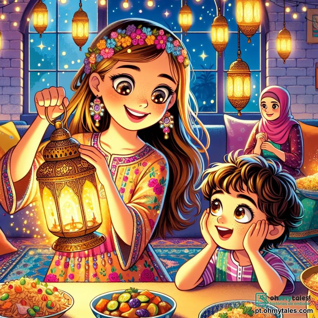 Uma menina de 12 anos, Hana, com longos cabelos castanhos e olhos cheios de curiosidade, sorri maravilhada enquanto segura uma lanterna dourada que brilha com uma luz acolhedora. Ela veste um vestido colorido com padrões florais, e seu rosto irradia excitação e alegria. Ao seu lado, seu irmão Karim, de 8 anos, com cabelos cacheados e olhos brilhantes, observa a lanterna com fascinação, as mãos apoiadas nas bochechas, expressando grande curiosidade. Sua mãe, uma mulher na casa dos trinta anos, com os cabelos presos e um sorriso suave, está perto da mesa, preparando pratos saborosos para o iftar, cercada de cores vibrantes e aromas deliciosos. A cena acontece em uma sala acolhedora, decorada com tapetes coloridos e lanternas cintilantes penduradas no teto. A luz do crepúsculo filtra pelas janelas, criando uma atmosfera mágica e festiva. Hana, Karim e sua mãe compartilham um momento alegre, cercados de pratos apetitosos, enquanto uma suave luz dourada emana da lanterna, iluminando seus rostos e simbolizando a magia do Ramadã e a importância da generosidade.