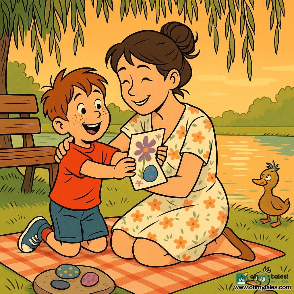 An 8-year-old boy with a round freckled face and messy chestnut hair, eyes bright with joy, offers a small folded card decorated with crayons and purple glitter to his mother; she, about 30–35, brown hair in a messy bun and wearing a floral dress, sits on a picnic blanket by a bench under a weeping willow, hugging him as she receives the Mother's Day card with a painted pebble tucked inside; a small duck with a tuft of grass on its head watches from the water's edge, the neat riverside boardwalk, painted pebbles on a flat stone and low grasses lit by soft late-afternoon golden light.