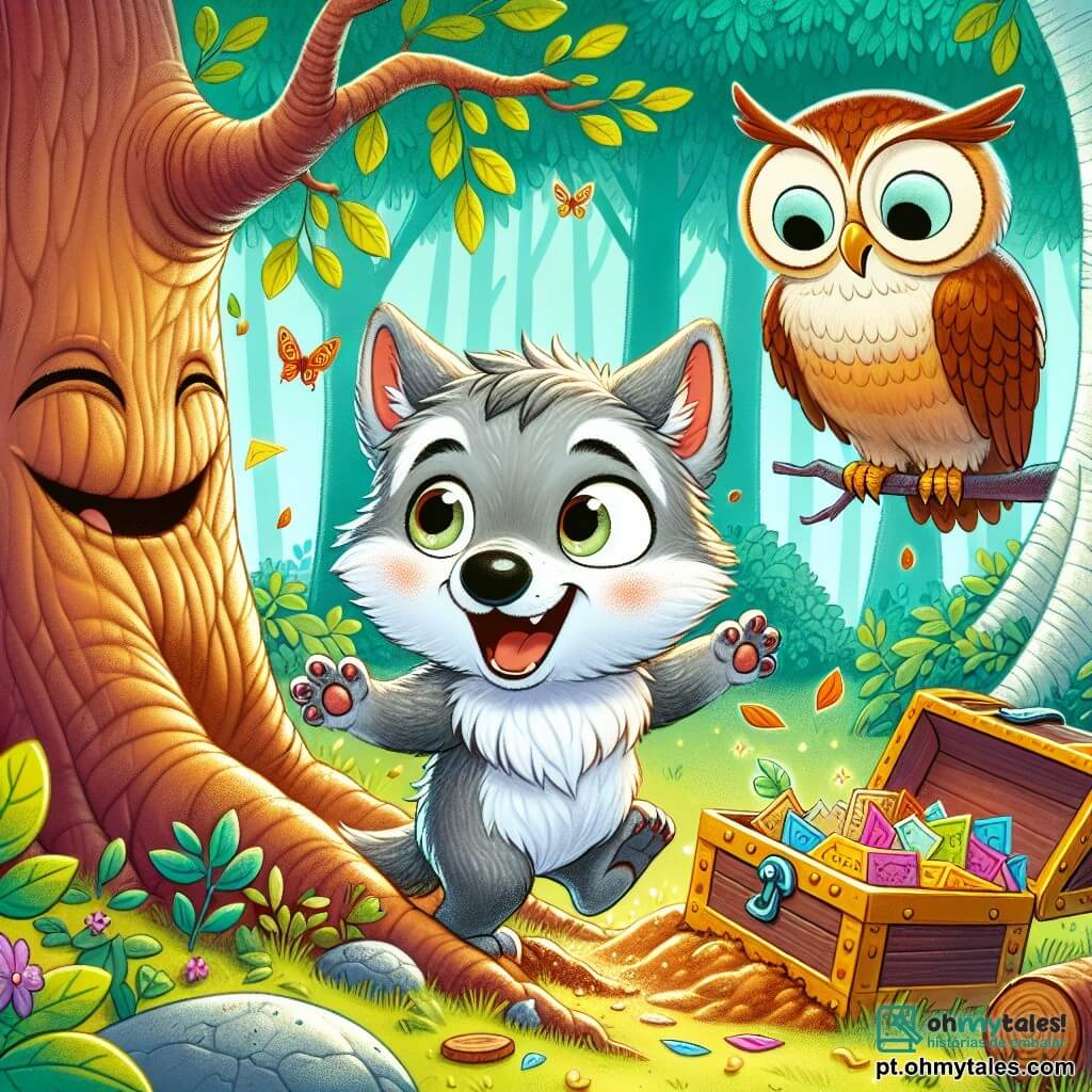 Um pequeno lobo chamado Lupinho, com um pelagem cinza macia e olhos brilhantes de curiosidade, está cavando entusiasticamente perto de uma grande árvore que se parece com um elefante, seu rosto radiante de alegria e excitação. Ao seu lado, o sábio Sr. Coruja, uma coruja com penas marrons e grandes olhos redondos, observa com um sorriso benevolente, empoleirado em um galho, parecendo divertido com a energia de Lupinho. A cena acontece na Floresta das Risadas, onde as árvores riem com folhas que dançam ao vento, criando uma atmosfera mágica e alegre. Lupinho descobre uma velha caixa enterrada no solo, revelando bilhetes coloridos que prometem risadas e felicidade, enquanto risadas ecoam ao redor deles.