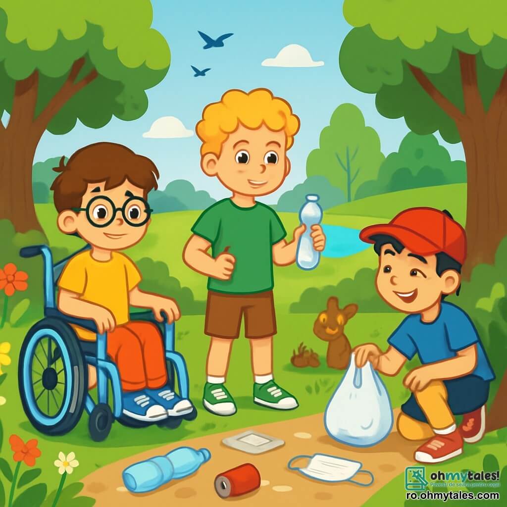 Există 3 personaje: - Alex: un băiat de 10 ani, cu păr brun și ochelari rotunzi. Stă într-un scaun cu rotile albastru, privindu-l trist pe parc. - Luca: un băiat de 10 ani, cu păr blond și creț, îmbrăcat cu un tricou verde și pantaloni scurți. Stă în picioare, ținând o sticlă de plastic în mână, cu un aer hotărât. - Vlad: un băiat de 10 ani, cu păr negru și o șapcă roșie. Este așezat lângă un copac, râzând în timp ce observă o veveriță curioasă care caută hrană printre gunoaie. Locul este un parc verde, cu copaci mari cu frunze strălucitoare, flori colorate pe alei, dar și gunoaie împrăștiate pe jos, creând un contrast trist. În fundal, se vede un mic lac strălucitor sub soare, iar păsările zboară deasupra, căutând un loc sigur pentru a se așeza. Situația principală arată cei trei prieteni hotărâți să curețe parc. Alex, cu un zâmbet hotărât, îi încurajează pe Luca și Vlad să adune gunoaiele, în timp ce veverița îi observă curioasă. Băieții încep să adune mizeria, transformând tristețea lor în acțiune pozitivă pentru a salva parc.