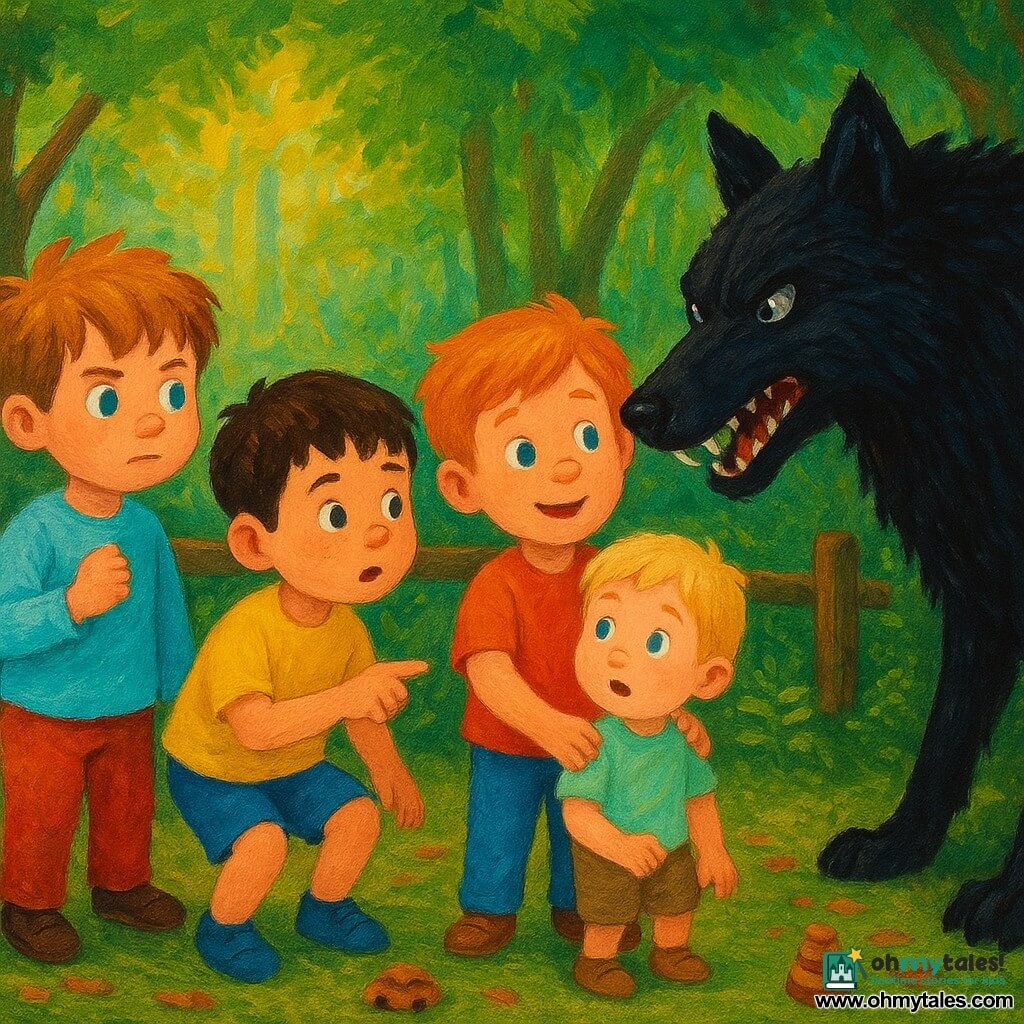 Five characters: Tom, a 3-year-old boy with tousled light-brown hair and round blue eyes, standing left with his fist to his chest, brave; Ben, 3, short black hair and freckles, crouched center-left pointing toward the forest, attentive; Leo, 3, the smallest with soft blond hair, center-right holding Max's hand, surprised but confident; Max, 3, red-haired with a big smile at right and his arm around Leo, protective; the Big Bad Wolf, a large textured black-furred silhouette with shining silver eyes and visible white fangs, slightly forward right with muzzle lowered, menacing yet startling. At the edge of a dense green forest with pale moss and brown leaves underfoot, a dirty wooden post and fence behind them and sunbeams filtering through branches; children in bright pastel clothes with wooden toys nearby, the wolf and forest in dark tones; the boys stand close together facing the wolf emerging from a dark bush, expressions of courage, solidarity, and surprise.