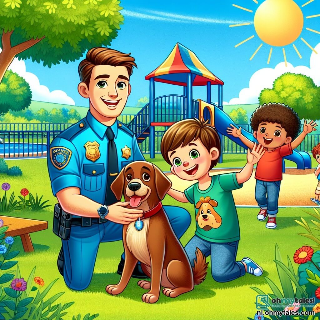 Een glimlachende politieagent, Agent Max, is een man van ongeveer dertig jaar, met bruin haar en een goed onderhouden snor. Hij draagt een heldere blauwe uniform en een glanzende badge op zijn borst, wat zijn inzet voor de bescherming van de gemeenschap laat zien. Max zit op de grond en aait een grote bruine hond met een rode halsband, met een uitdrukking van vreugde en opluchting op zijn gezicht. Naast hem staat een jonge jongen genaamd Tim, ongeveer 10 jaar oud, met rommelig blond haar en een rood t-shirt. Hij omhelst zijn hond, Bruno, met een grote glimlach, wat zijn dankbaarheid jegens Max toont. Op de achtergrond staat een groep van vier kinderen, twee jongens en twee meisjes, van 8 tot 10 jaar, die samen staan, applaudisseren en gelukkig lachen. Ze dragen kleurrijke kleding en hebben stralende gezichten van opwinding. De scène speelt zich af in een zonnig park, met weelderige groene bomen, kleurrijke bloemen en een heldere blauwe lucht. Kinderspeelgoed is zichtbaar op de achtergrond, wat een vrolijke en levendige sfeer toevoegt. De hoofdactie toont Max, de politieagent, die Bruno, de verloren hond, heeft teruggevonden en dit emotionele moment viert met Tim en de andere kinderen, wat het belang van samenwerking en gemeenschap illustreert.