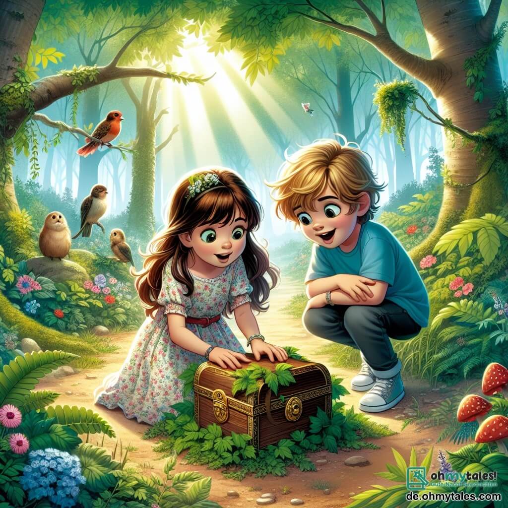 In einem verzauberten Wald führen zwei Kinder, Anna und Max, eine Untersuchung durch. Anna, ein 7-jähriges Mädchen mit langen braunen Haaren und einem Blumenkleid, beugt sich neugierig über eine kleine Holzkiste, die unter Blättern versteckt ist. Neben ihr schaut Max, ein 6-jähriger Junge mit zerzausten blonden Haaren und einem blauen T-Shirt, mit weit aufgerissenen Augen, bereit, das Geheimnis zu entdecken. Die Szene spielt in einem grünen Unterholz, wo Sonnenstrahlen durch die Äste majestätischer Bäume filtern. Bunte Blumen bedecken den Boden, und Vögel singen fröhlich in den Ästen. Anna und Max erkunden den geheimnisvollen Weg, der sie zur Kiste geführt hat, umgeben von einer magischen Atmosphäre und einem leichten Nebel. Sie sind fasziniert von der Idee, einen versteckten Schatz zu finden, während sie das Geheimnis ihres Abenteuers bewahren.