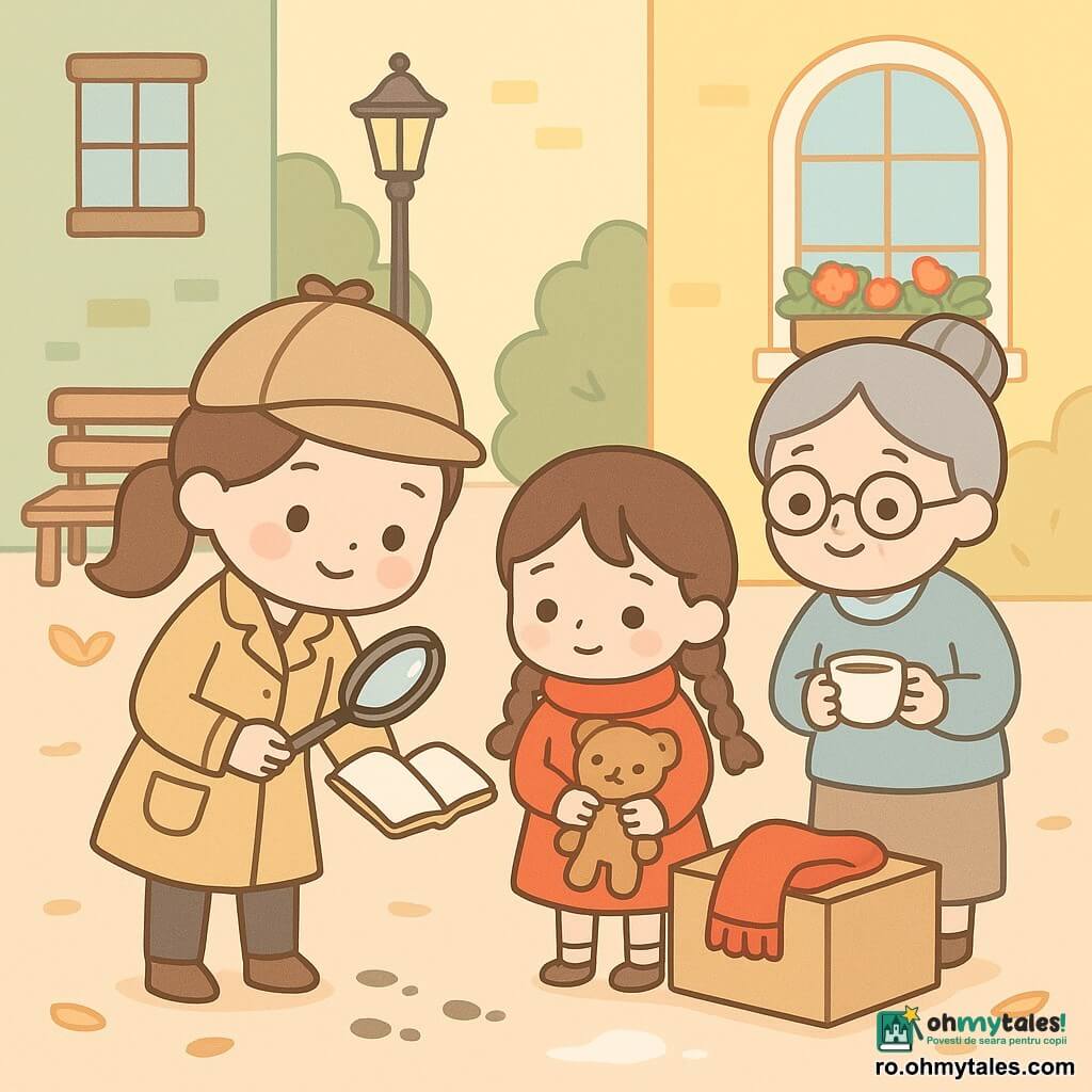 O detectivă tânără, zâmbitoare dar concentrată, cu păr brun prins în coadă, palton galben deschis şi o lupă lângă un carnet deschis, priveşte urme mici pe ciment; o fetiţă de circa 8 ani, timidă şi uşurată, cu părul împletit, costum roşu şi o eşarfă roşie aşezată pe o cutie de carton, ţine o jucărie de pluș şi arată cutia lângă detectivă; o femeie în vârstă cu părul gri prins în coc şi ochelari rotunzi, cu un zâmbet blând, ţine o ceaşcă de ceai pe prispa unei ferestre cu flori şi priveşte scena; curte de bloc colorată dimineaţa, faţade verzi şi galbene, banc de lemn, felinar vechi, afişe pe un stâlp, frunze şi o mică băltoacă de lapte vărsat; situaţia: detectiva examinează urmele lângă bolul de lapte vărsat în timp ce fetiţa arată timid cutia, atmosferă caldă, culori pastel, compoziţie clară şi centrată, expresii blânde, stil kawaii minimal, linii clare.