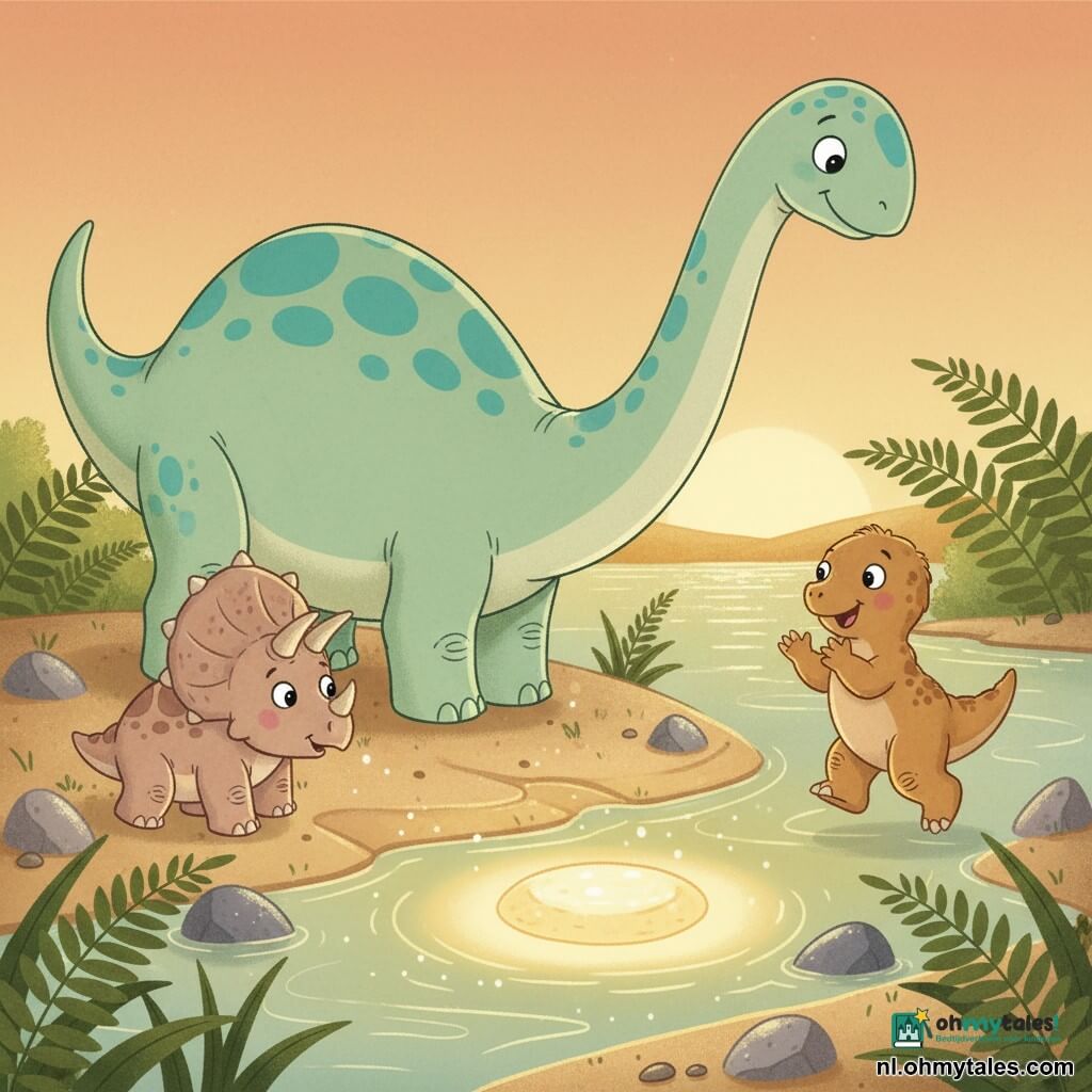 Dipo de diplodocus is het hoofdpersonage: groot en lang met een dunne nek, glad lichtgroen vel met turkooise vlekken, ronde vriendelijke ogen, lichte glimlach, hij buigt zijn hoofd om zacht het zand weg te blazen. Links Tria de triceratops, klein en rond, beige-roze pantser met drie korte afgeronde hoorntjes, nieuwsgierig naar een glanzende steen bij de waterkant. Rechts Timo de jonge T-Rex, klein en harig, lichtbruin met mollige pootjes, hij klapt enthousiast terwijl hij huppelt. Locatie: prehistorische rivierkust bij schemering, glinsterend water met gouden reflecties, zanderige oevers, grote groene varens en enkele glanzende stenen, zachte oranje lucht. Hoofdsituatie: de drie dino's verzamelen zich rond een lichtgevende steen (de "maansteen") die een warme cirkel op het water werpt terwijl Dipo het zand weg blaast om haar te onthullen; rustige sfeer, eenvoudige ronde vormen, warme contrasterende kleuren, scherpe contouren en vectorstijl geschikt voor peuters.