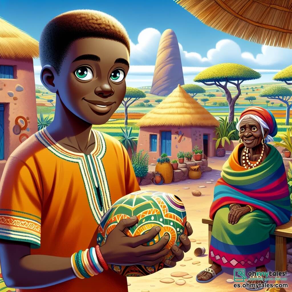 Sadio, un joven africano de unos 15 años, está de pie en el centro de la escena, con ojos brillantes de curiosidad y una sonrisa confiada. Lleva una túnica de algodón colorida, adornada con patrones tradicionales, y su cabello es corto y rizado. Sostiene una calabaza decorada en sus manos, símbolo de su éxito, y mira con determinación hacia el horizonte. A su derecha, una anciana sabia, la anciana de las calabazas, está sentada en un banco de madera. Tiene alrededor de 70 años, con arrugas que cuentan historias de sabiduría. Lleva un sarong vibrante y un collar de cuentas. Sonríe a Sadio, con ojos llenos de orgullo. Al fondo, se puede ver el pueblo de Koro, con casas de adobe y techos de paja, rodeadas de campos verdes y un gran baobab que se eleva hacia el cielo azul. El sol brilla suavemente, creando una atmósfera cálida y acogedora. La situación principal muestra a Sadio, rodeado de amigos y aldeanos, celebrando la paz entre los dos pueblos. Los niños ríen y bailan a su alrededor, mientras los adultos intercambian sonrisas y gestos amistosos, simbolizando la unidad y la alegría.
