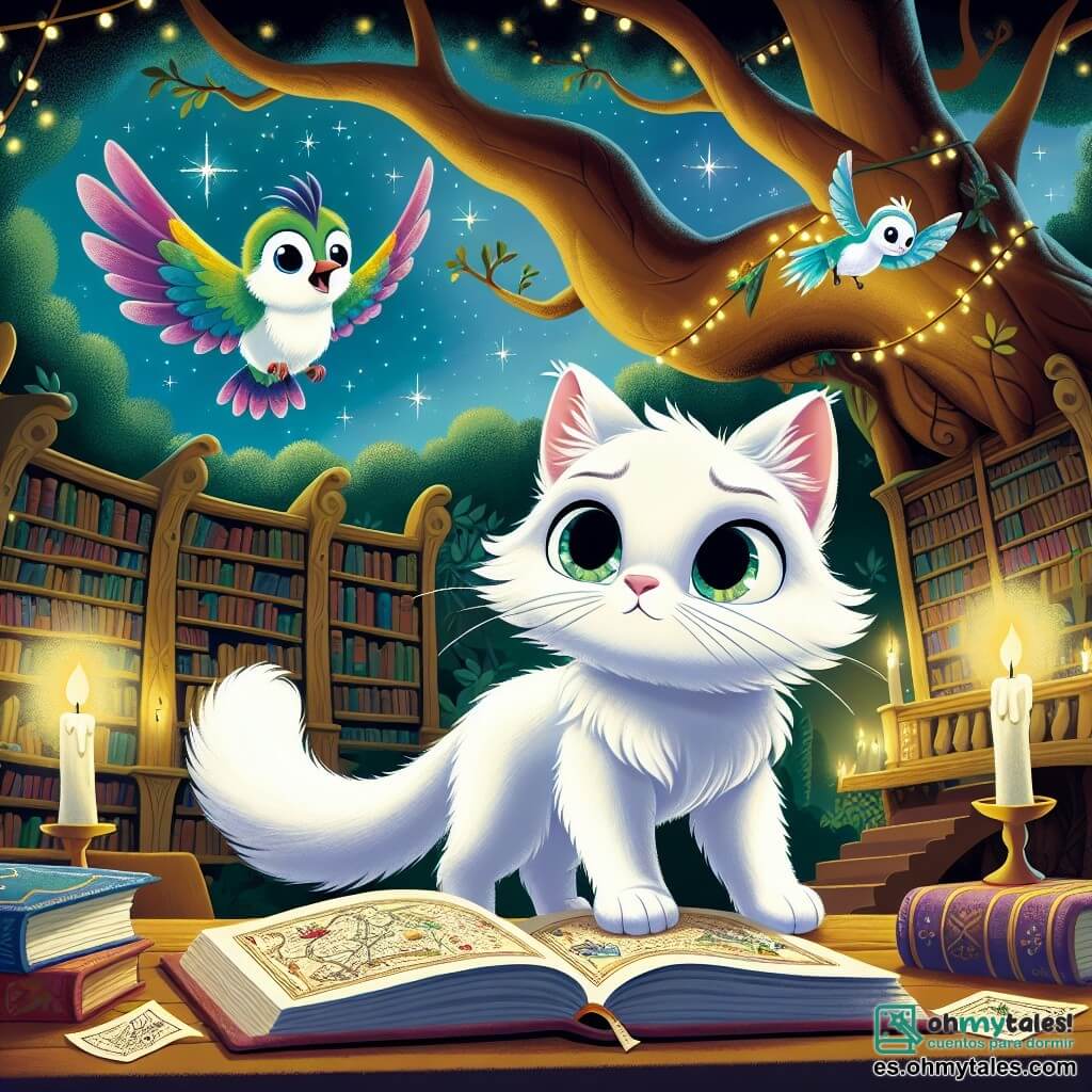 Nube, un gato blanco con ojos brillantes y pelaje suave como una nube, se encuentra en el centro de la imagen, con aire curioso y determinado, examinando un viejo libro abierto sobre una mesa de madera en una biblioteca mágica. A su lado, Chispa, un colibrí colorido con plumas brillantes, vuela alegremente, con una sonrisa emocionada, sosteniendo un pequeño trozo de mapa en su pico. En el fondo, la biblioteca es un gran árbol majestuoso, cuyas ramas se extienden como brazos, con libros colgando de las hojas y luces centelleantes iluminando el lugar. La situación principal muestra a Nube y Chispa en plena investigación, buscando pistas sobre el tesoro escondido del Capitán Lobo, rodeados de un aire de aventura y misterio.