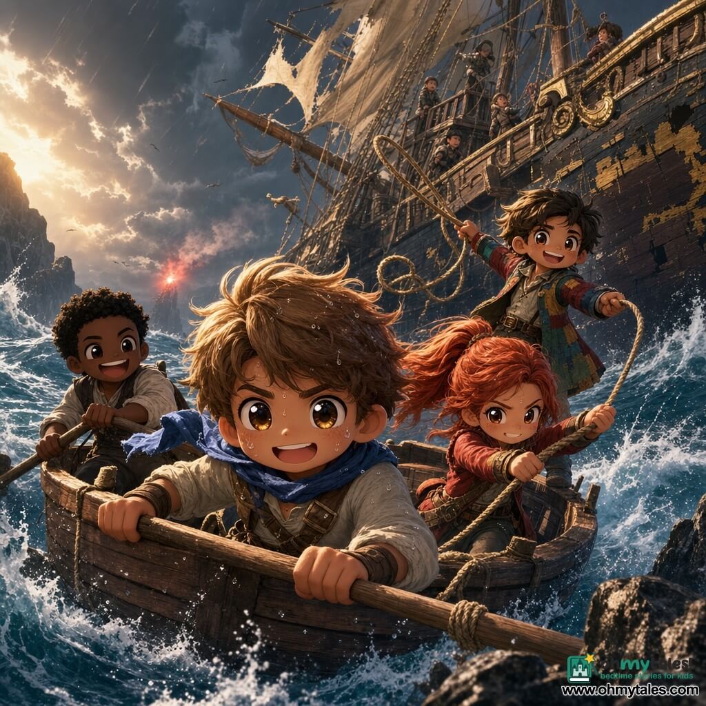A boy named Finn (~13) with a round smiling face, a blue scarf blowing, messy brown hair and bright eyes, brave but slightly trembling, rows hard in a small wooden dinghy, muscles tense and water droplets on his face; a girl named Molly (~13) with red hair in a ponytail, focused and mischievous, holds a rope to help hoist a pulley to Finn’s right; a boy named Patch (~10) in a colorful patchwork coat with a mischievous grin stands at the stern and throws a line toward a distressed large ship; a young man called Tiny Tom (~15), stocky and strong, laughs as he pulls an oar behind Finn; the large ship, The Golden Gull, lists with torn sails, cracked wood, a split mast and gold paint chips, sailors silhouetted clinging to the rigging; the sea is rough with deep blue troughs, white foam, realistic splashes and bright droplets, under a stormy sky of swirling gray clouds and a red distress flare on the horizon; main scene: a dramatic yet warm rescue— the dinghy hauls the ship’s line close to dark rocks, visible motion, taut ropes, sprays of water and expressions of effort and cooperation; vivid contrasting colors, soft lines, detailed wood and fabric textures and golden sunlight piercing the clouds.