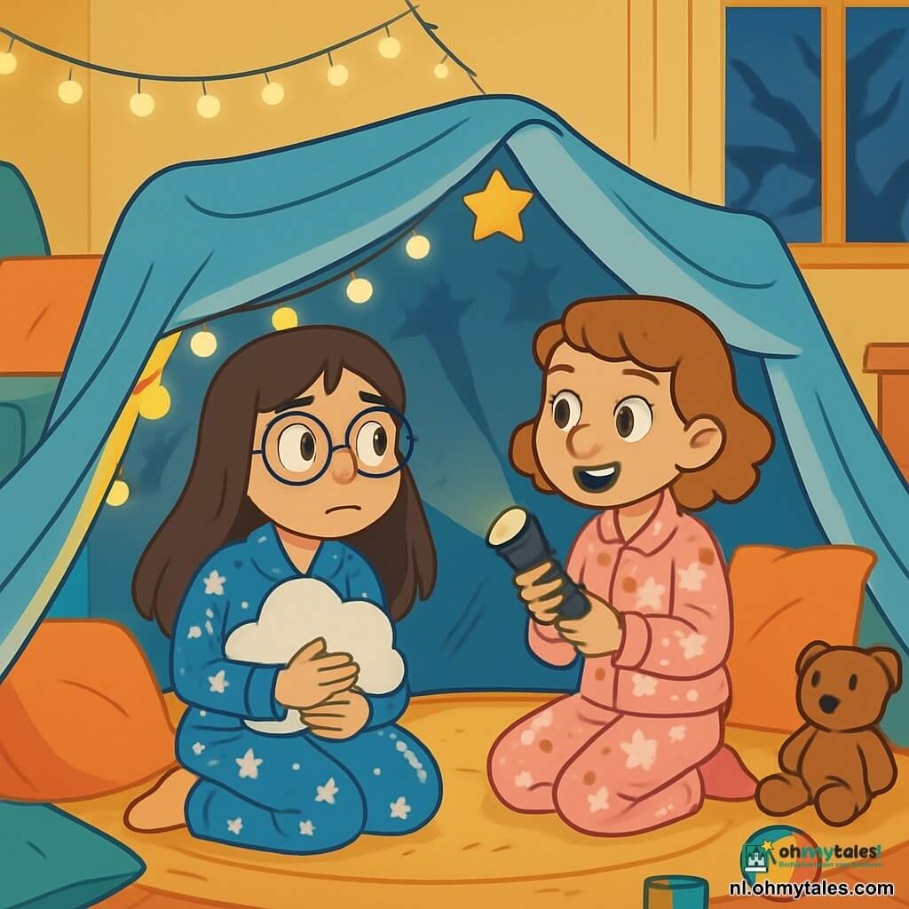 Er zijn 2 hoofdpersonages: - Lena: een 9-jarig meisje met lang bruin haar en ronde bril. Ze draagt een blauwe pyjama met witte sterren en houdt een zacht kussen in de vorm van een wolk vast. Ze zit op de grond in een fort van dekens, met een nieuwsgierige en een beetje nerveuze uitdrukking. - Noor: een 9-jarig meisje met kort, krullend lichtbruin haar. Ze draagt een roze pyjama met kattenmotieven en houdt een kleine zaklamp aan. Ze zit naast Lena, glimlachend en aanmoedigend, klaar om het fort te verkennen. De situatie speelt zich af in een warme woonkamer, gevuld met kleurrijke kussens en gezellige dekens. De muren zijn pastelgeel en er hangen twinkelende lichtslingers boven het fort. Een grote bank is zichtbaar op de achtergrond, met speelgoed verspreid op de vloer en een raam waar schaduwen van boomtakken in de nacht te zien zijn. De hoofdscène toont Lena en Noor zittend in hun dekenfort, met dansende schaduwen op de muren. Ze kijken om zich heen, een beetje bang maar vastberaden, terwijl Noor de donkere hoeken verlicht met haar zaklamp. De papieren sterren aan het plafond stralen zachtjes, wat een magische en geruststellende sfeer creëert.