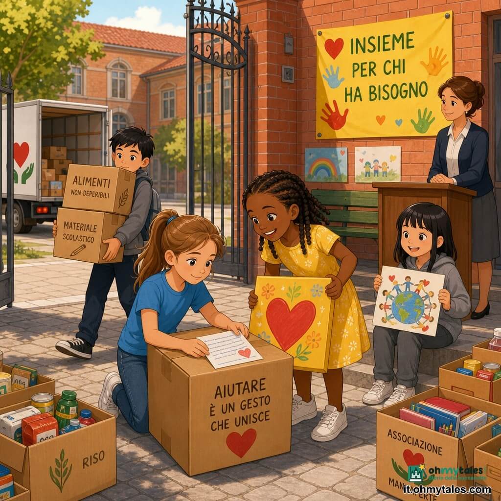 Nora, bambina di 10 anni, volto determinato e dolce, capelli castano chiaro raccolti in coda, maglietta blu e jeans, sorride timidamente tenendo una lettera che posa su un grande cartone; accanto Amina, ~10 anni, treccine, vestito giallo, ride e tiene un cartellone giallo con un cuore rosso, leggermente inclinata verso Nora; dietro Yuri, ~10 anni, capelli neri, giacca grigia, porta due grandi cartoni con postura concentrata e coraggiosa vicino al cancello; Mei, ~10 anni, capelli neri lisci, vestito grigio, seduta su un gradino mostra un disegno colorato incollato su un cartone, sguardo fiero; un’insegnante di ~35 anni, capelli castani raccolti, gonna sobria, osserva con orgoglio con la mano sulla cattedra; ambientazione: ingresso di una scuola in mattoni rossi con cancello aperto, pavé, panchine, poster e un grande cartellone giallo al muro, luce pomeridiana; situazione: bambini organizzano una raccolta con scatoloni di cibo e materiali impilati e un piccolo furgone bianco dell’associazione pronto a caricare, atmosfera calda e solidale, colori vivaci, tratti semplici e contorni netti adatti a un libro per ragazzi.