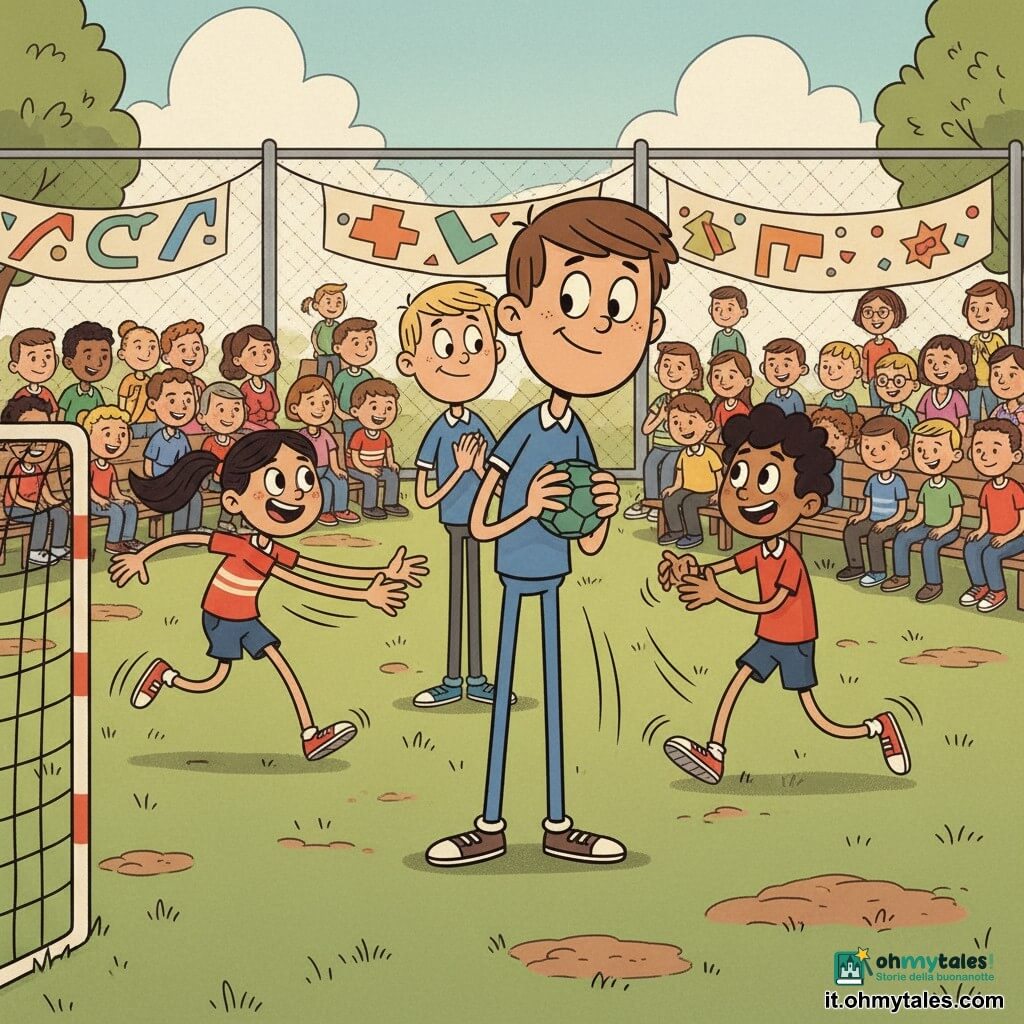 Tommaso, 12 anni, viso rotondo, capelli castani corti, sguardo concentrato e sorriso timido, tiene il pallone da handball pronto a passare; Chiara, circa 12 anni, coda di cavallo, espressione determinata e gioiosa, corre verso la porta a sinistra pronta a ricevere e tirare; Samir, circa 12 anni, pelle olivastra e capelli scuri ricci, si muove al centro attirando i difensori per creare spazio; Luca, circa 12 anni, capelli biondi, dietro Tommaso applaude con le spalle rilassate; ambientazione: cortile della scuola al sole con prato verde e terra battuta, striscioni fatti a mano alle recinzioni, panchine e pubblico di bambini e genitori; istante decisivo: Tommaso passa indietro a Samir per avviare l'azione mentre Chiara corre per tirare; atmosfera dinamica, colori caldi e contrastati, ombre morbide e stile rubber hose con linee di movimento visibili.
