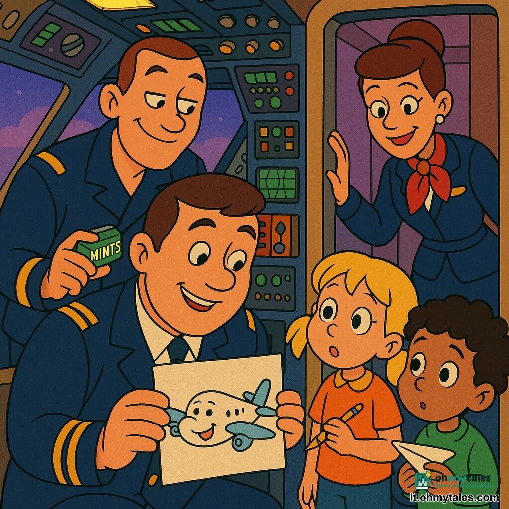 Luca è il pilota, uomo dal viso rotondo e sorridente, capelli castani corti, uniforme blu scuro con spalline dorate, che tiene un disegno di un aereo sorridente guardando con tenerezza i bambini; Diego, circa 30 anni, primo ufficiale, alto e slanciato con capelli corti e aria maliziosa, sta leggermente dietro nella cabina con una scatoletta di caramelle alla menta; Amina, circa 35 anni, capo cabina, con capelli raccolti e sorriso rassicurante, si affaccia alla porta proteggendo i bambini; Nora, bambina di circa 6 anni con codini biondi e occhi ammirati, tiene una matita e osserva il disegno; Samir, ragazzo di circa 7 anni con capelli neri ricci, timido e curioso, stringe un aeroplanino di carta; la cabina è luminosa e dettagliata con strumenti colorati, schermi verdi, leve argentate e oblò che mostrano un cielo viola al crepuscolo, atmosfera calda e rassicurante dopo l'atterraggio con stile grafico anni '90.