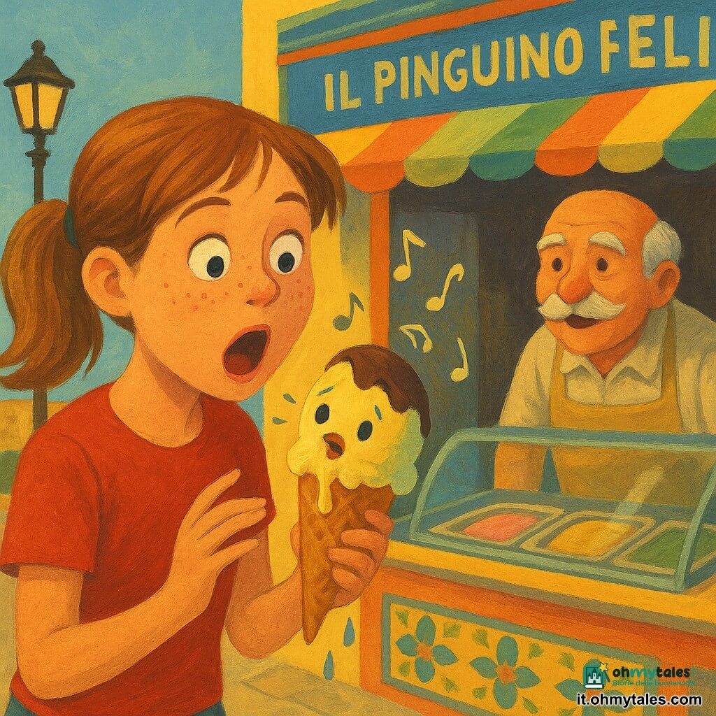 Una ragazza di 12 anni, bocca spalancata e occhi sgranati, volto rotondo con lentiggini e capelli castano chiaro raccolti in una coda, tiene delicatamente un cono di gelato che si scioglie; Gelì, il gelato parlante (non umano), piccola pallina bicolore «Luna‑Limone» e «Cioccolato Timbro» con boccuccia e occhi lucenti, tossisce e guarda la ragazza mentre qualche goccia scivola sul cono; il signor Arturo, uomo di circa 60 anni con folte baffi bianchi e grembiule beige, sta dietro il bancone della gelateria sorridendo e chinandosi verso la vetrina; sullo sfondo a sinistra un vecchio lampione leggermente inclinato proietta una piccola ombra calda; la gelateria Il Pinguino Felice ha una facciata colorata con vetrina lucida, insegna blu con un pinguino sorridente, vasche di gelato impilate, piastrelle a motivo e una terrazza con alcune sedie vivaci; scena principale: il cono parlante che inizia a sciogliersi, atmosfera stramba e surreale con gocce che si trasformano in piccole note musicali e parole disegnate che fluttuano intorno, luce morbida e gioiosa.