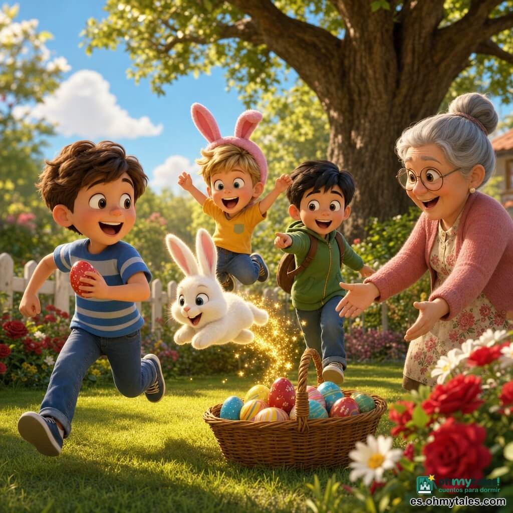 Hay cinco personajes: Juan, niño de unos 8 años, pelo castaño corto, camiseta azul a rayas, corre hacia la izquierda sosteniendo un huevo rojo; Pedro, niño de unos 7 años, pelo rubio, con un pequeño sombrero de conejo rosa, salta en el centro riendo y mirando al conejo mágico; Luis, niño de unos 8 años, pelo negro, chaqueta verde y mochila marrón, sigue a Pedro señalando la sorpresa; Abuela Ana, mujer de unos 65 años, pelo gris recogido, vestido de flores, sonriente junto a una gran cesta de mimbre con las manos abiertas hacia los niños; y un pequeño conejo mágico blanco y luminoso con orejas largas y ojos redondos que salta delante dejando una estela de polvo de estrellas. Escena: jardín primaveral de la abuela con césped verde, un gran árbol al fondo, parterre de rosas rojas y margaritas blancas a la derecha, cerca de madera blanca y cielo azul claro con luz cálida dorada. Situación: los tres niños siguen al conejo que los guía hacia una gran cesta de mimbre llena de huevos de Pascua coloridos (rojo, amarillo, azul), composición dinámica, colores vivos, estilo 3D de película de animación con texturas suaves, sombras tenues y una iluminación cálida.