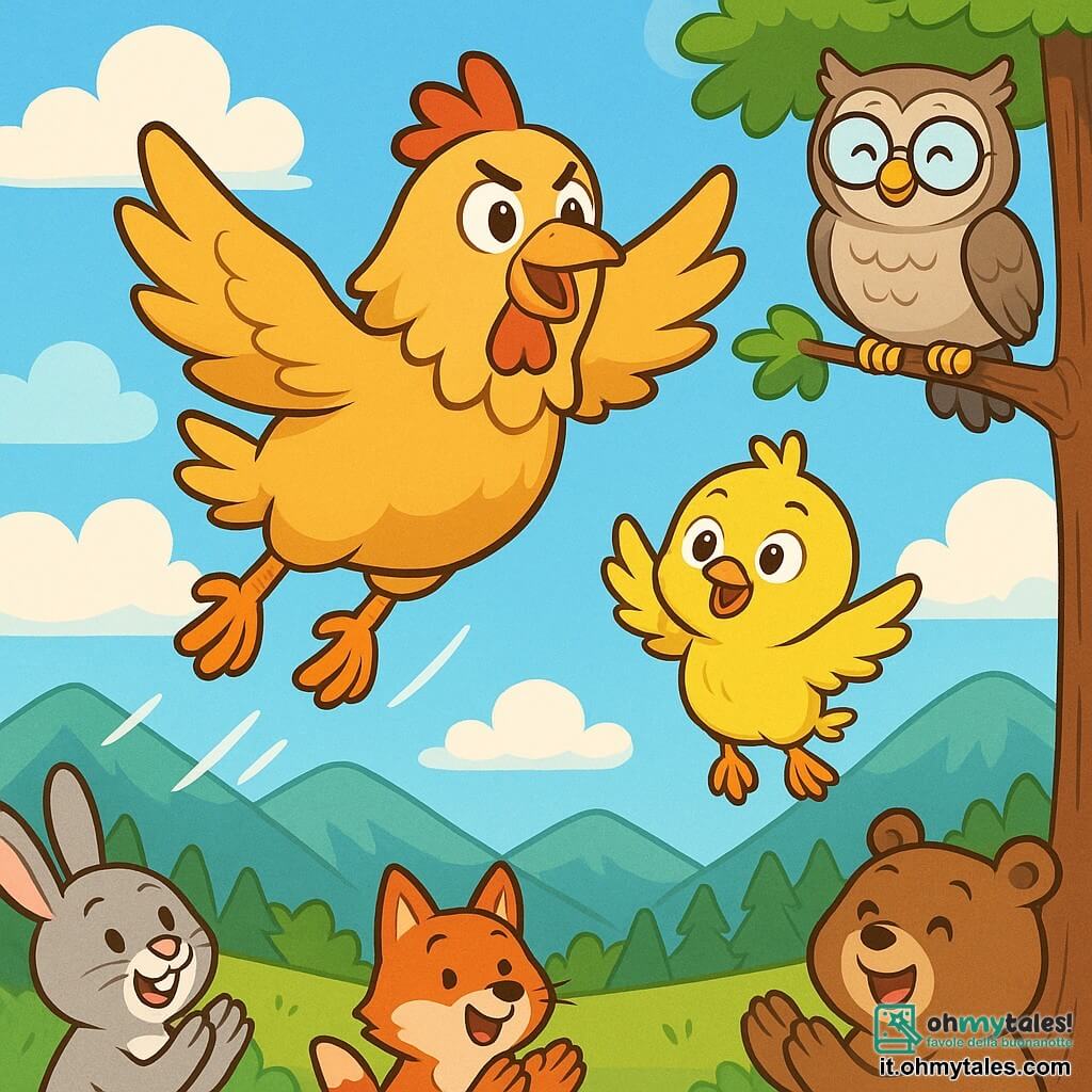 Una piccola gallina di nome Margherita, con piume dorate e un'espressione determinata, si lancia in volo, le ali spiegate, piena di gioia e coraggio. Accanto a lei, un pulcino di nome Pierino, con piume gialle e occhi scintillanti di eccitazione, la incoraggia battendo le ali, fluttuando leggermente sotto di lei. Sullo sfondo, un vecchio gufo saggio, con piume grigie e occhiali rotondi, osserva la scena da un ramo, con un sorriso benevolo. Il cielo è blu brillante punteggiato di nuvole bianche e soffici, con un bel paesaggio di montagne verdi e foreste lussureggianti sotto. La scena principale mostra Margherita che spicca il volo per la prima volta, circondata dai suoi amici animali che la applaudono da terra, meravigliati dal suo coraggio e dalla sua determinazione.