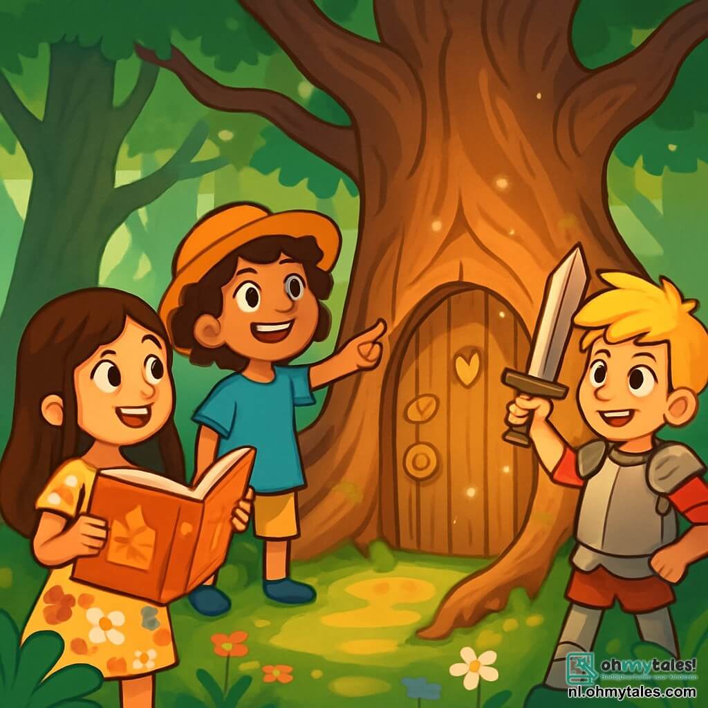 Er zijn 3 personages: - Lisa: een 10-jarig meisje met lang bruin haar en sprankelende ogen. Ze draagt een lichte bloemenjurk en houdt een groot verhalenboek vast. Ze staat links en kijkt verwonderd. - Noor: een 10-jarig meisje met kort, krullend haar, gekleed in een blauwe tuniek en een strohoed. Ze glimlacht vrolijk, staat in het midden en wijst naar een grote oude boom. - Bram: een 11-jarige jongen met rommelig blond haar en een ondeugende glimlach. Hij is gekleed als een kleine ridder met een kartonnen harnas en staat rechts, terwijl hij een houten zwaard omhoog houdt. De situatie speelt zich af in een betoverd bos, vol majestueuze bomen met dikke, knoestige stammen. Zonne-stralen breken door het dichte loof en verlichten de met groene mos en kleurrijke bloemen bedekte grond. In het midden staat een kleine houten deur, versierd met delicate patronen, omringd door kronkelige wortels. De hoofdscène toont de drie vrienden die een mysterieuze deur in het bos ontdekken. Lisa en Noor zijn gefascineerd, terwijl Bram, met een dappere blik, zich voorbereidt om de deur te openen. De sfeer is magisch, vol opwinding en nieuwsgierigheid, met fonkelende lichtjes om hen heen.