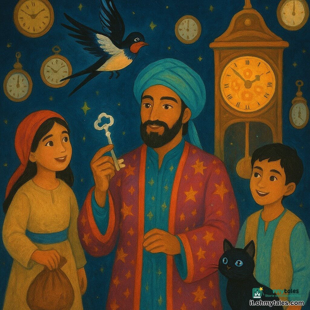 Al centro dell'immagine c'è un uomo, Hadi, con un volto sereno e occhi pieni di saggezza. Indossa un mantello dai colori vivaci con motivi di stelle dorate e tiene delicatamente una chiave d'argento brillante. Accanto a lui, una ragazza, Layla, una rondine dalle piume lucenti, vola graziosamente intorno alla sua testa. Un ragazzo, Samir, di circa 10 anni, è alla sua destra, sorridente, con una borsa di noci in mano, vestito con una tunica dai toni sabbia e cielo. Un gatto di nome Zaffiro, con occhi scintillanti come zaffiri, è seduto ai loro piedi. La scena si svolge in una sala magica, la sala degli echi, piena di orologi antichi con quadranti luminosi e lancette delicate, sospesi nell'aria come stelle in un cielo notturno. La situazione principale mostra Hadi e i suoi amici che riparano l'Orologio degli Astri, un gigantesco pendolo al centro della stanza, i cui ingranaggi dorati iniziano a brillare di una luce calda, simbolo dell'armonia ritrovata.