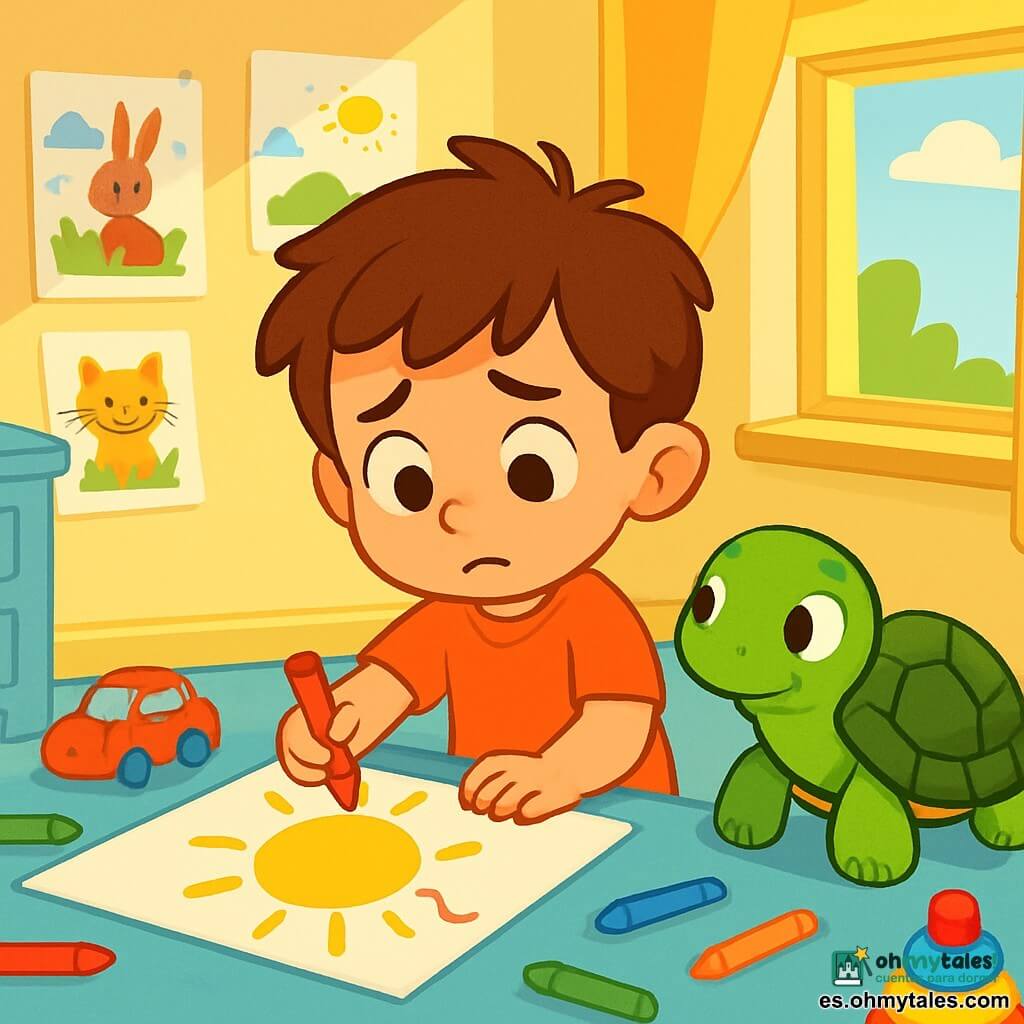 Un niño de 4 años, llamado Mateo, con cabello castaño desordenado y ojos llenos de curiosidad, se encuentra en el centro de la imagen. Tiene una sonrisa tímida y una mirada concentrada mientras dibuja un gran sol amarillo en una hoja de papel. A su lado, una tortuga verde, con un caparazón brillante y ojos sabios, lo observa con benevolencia, como si le ofreciera consejos. El escenario es una habitación luminosa, llena de juguetes coloridos, lápices esparcidos y una ventana abierta que deja entrar un suave rayo de sol. En la pared, hay dibujos de animales y paisajes, añadiendo un toque alegre al ambiente. La situación principal muestra a Mateo, un poco preocupado, al darse cuenta de que ha dibujado una línea torcida. Se detiene, respira profundamente y mira a la tortuga, listo para aprender cómo transformar su error en algo hermoso.