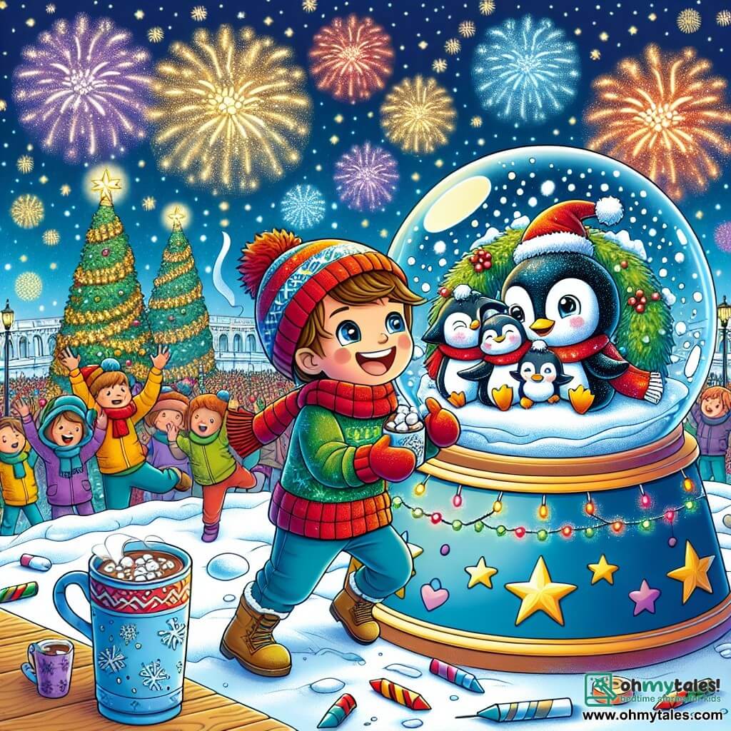 An illustration depicts a small snow globe filled with sparkling flakes, featuring a smiling family of penguins inside. The globe has a joyful face, its eyes shining with excitement as it observes the New Year's celebration. Next to it, a boy with brown hair, wearing a colorful party hat and a red scarf, jumps for joy, his face lit up by a big smile. He holds a cup of hot chocolate in his hands, gazing at the globe in wonder. In the background, a festive scene unfolds in a large square illuminated by colorful lights, with fireworks bursting in the starry sky, creating splashes of color. Children dance and laugh around a beautifully decorated Christmas tree, while adults gather to celebrate. The main focus is on the snow globe, filled with joy, experiencing the magic of New Year's Eve, surrounded by children counting down to midnight, their faces radiant with happiness. Additional graphic elements include confetti falling from the sky, twinkling stars, and festive decorations, creating a warm and joyful atmosphere, perfect for celebrating the New Year.