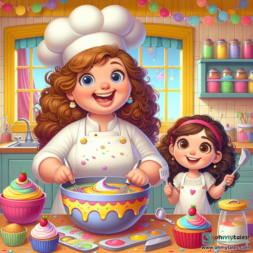 Chef Clara is a cheerful woman in her fifties, with curly hair and a white chef's hat that gives her a fun look. She wears a red apron decorated with small cupcakes and smiles with sparkling eyes while mixing colorful cake batter in a large bowl. Next to her is Lily, an eight-year-old girl with curly brown hair and big curious eyes, watching in awe. She wears a white kitchen blouse and holds a spatula, ready to help. The scene takes place in the warm kitchen of the bakery "Tasty Treats," with pastel yellow walls and shelves filled with colorful ingredient jars. Paper flower garlands decorate the ceiling, and soft sunlight filters through the windows, brightening the cheerful atmosphere. The main situation shows Chef Clara and Lily preparing a special cake, mixing ingredients with laughter and smiles, while a delicious baking aroma fills the air.